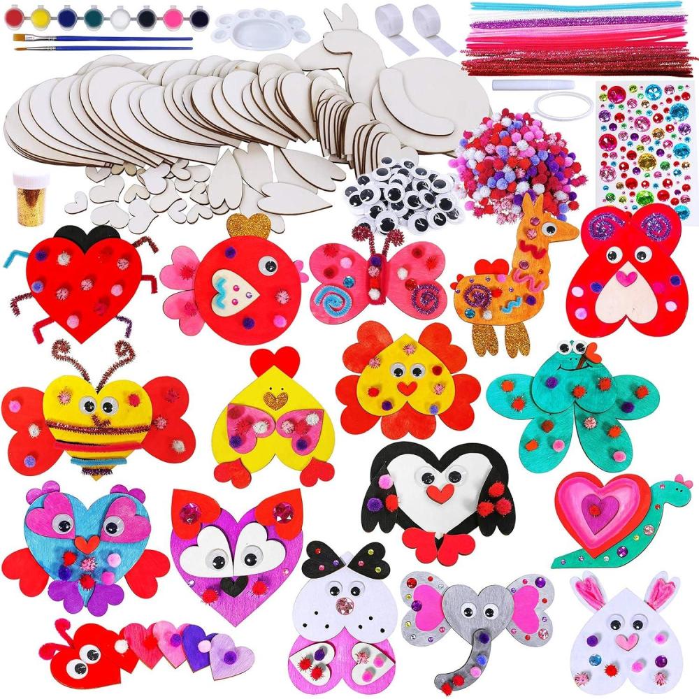 image17 Sets Valentine Wood Painting Craft Kits Wooden Heart Animal Ornaments Art Sets DIY Wood Heart Dog Cat Butterfly Fish Bee Owl Dog Llama Creativity Decorations for Kids Valentine Spring Party Favors