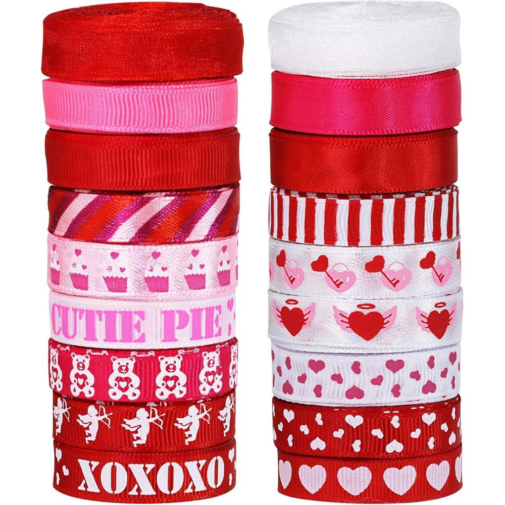image18 Rolls 100 Yards Valentine Ribbons Trims Printed Grosgrain Ribbons Multicolor Organza Ribbons Satin Ribbons 38 Wide for Wedding Valentines Day Gift Wrapping DIY Crafts