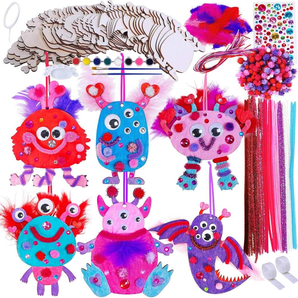 image36 Sets Valentines Day Craft Kits DIY Valentine Monster Wood Ornaments Decorations Art Sets Assorted Paintable Unfinished Wood Monster Cutouts PomPoms Googly Eyes for Kids Valentine Party Activity