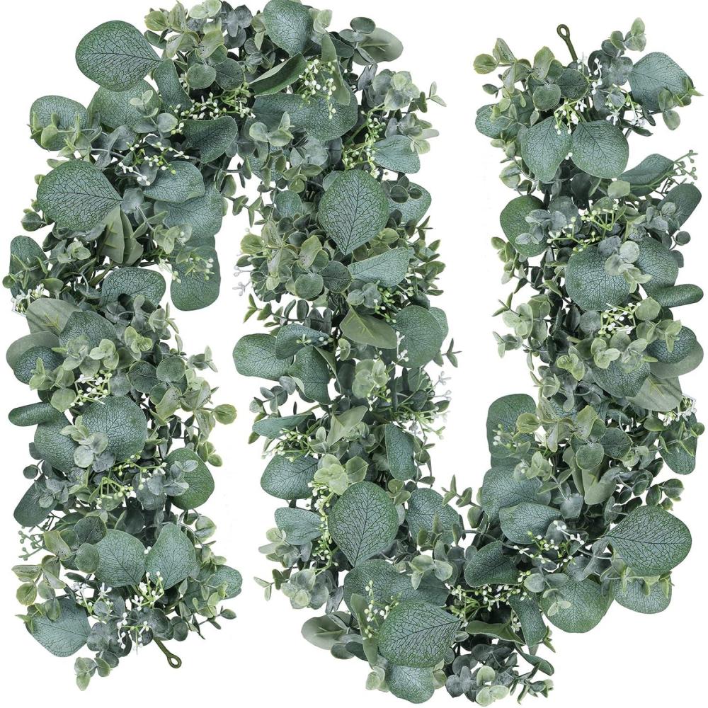 image6 Faux Mixed Eucalyptus Leaves Garland Artificial Silver Dollar Eucalyptus with White Seeds in Gray Green for Farmhouse Wedding Backdrop Table Runner Centerpiece Mantel Indoor Outdoor Greenery Decor