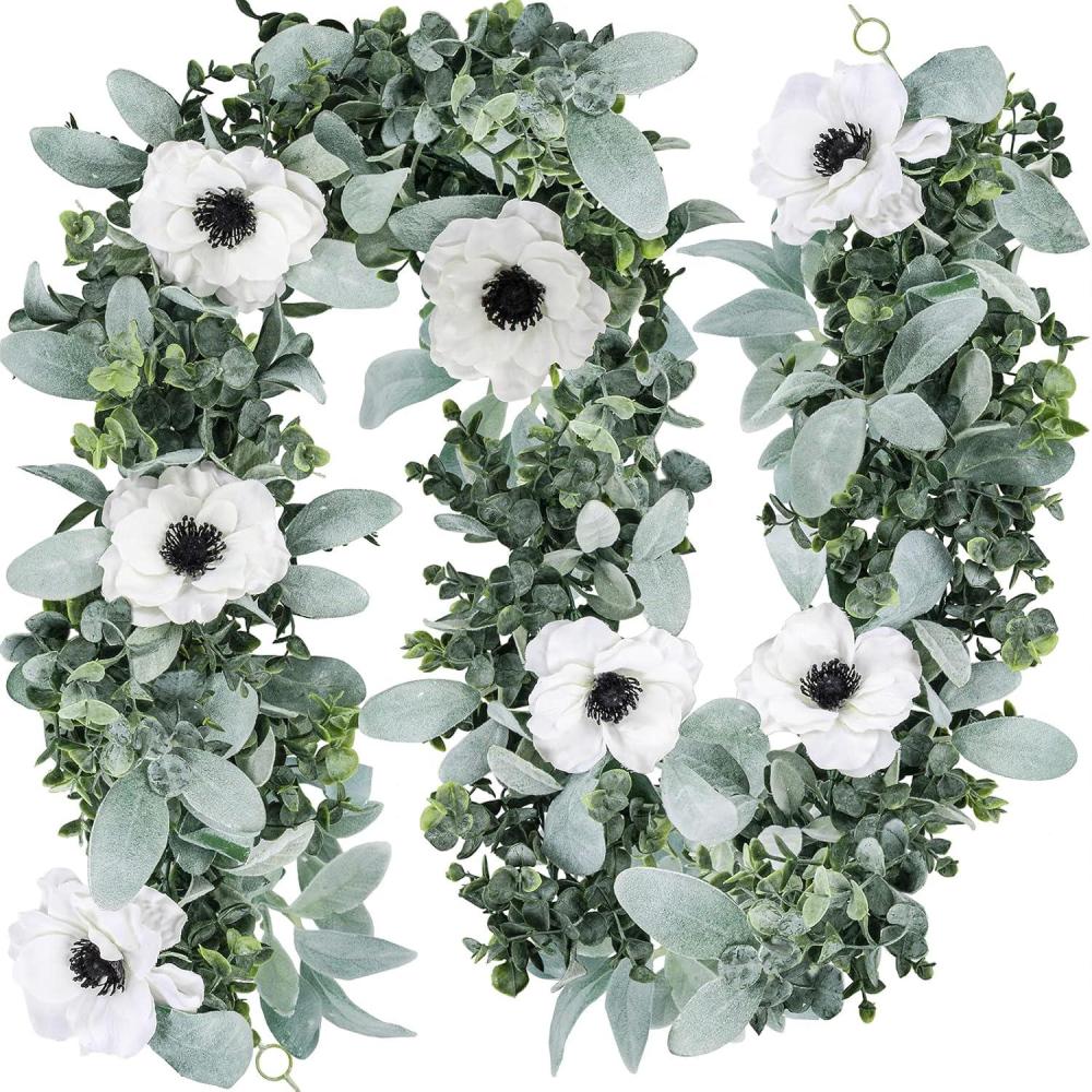 image6 L Faux Mixed Eucalyptus Leaves and Lambs Ear Leaves Garland with Artificial White Flower for Farmhouse Wedding Arch Backdrop Table Runner Centerpiece Mantel Indoor Outdoor Greenery Decor