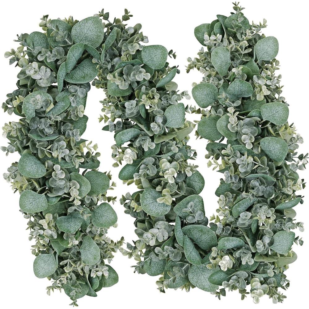 image6 Long Faux Mixed Eucalyptus Leaves Garland Artificial Silver Dollar Eucalyptus Greenery Garland in Gray Green for Farmhouse Wedding Arch Backdrop Table Runner Centerpiece Mantel Indoor Outdoor Decor
