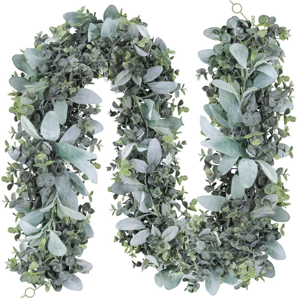 image6 Long Faux Mixed Eucalyptus Leaves and Lambs Ear Leaves Garland Artificial Greenery Garland in Gray Green for Farmhouse Wedding Arch Backdrop Table Runner Centerpiece Mantel Indoor Outdoor Decor