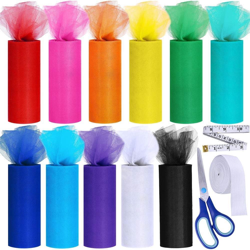 imageRainbow Tulle Rolls 11 Colors 6quot by 25 Yards Spool With Sewing Scissor Measuring Tape Knit Elastic for Table Skirt Party Tulle Skirt
