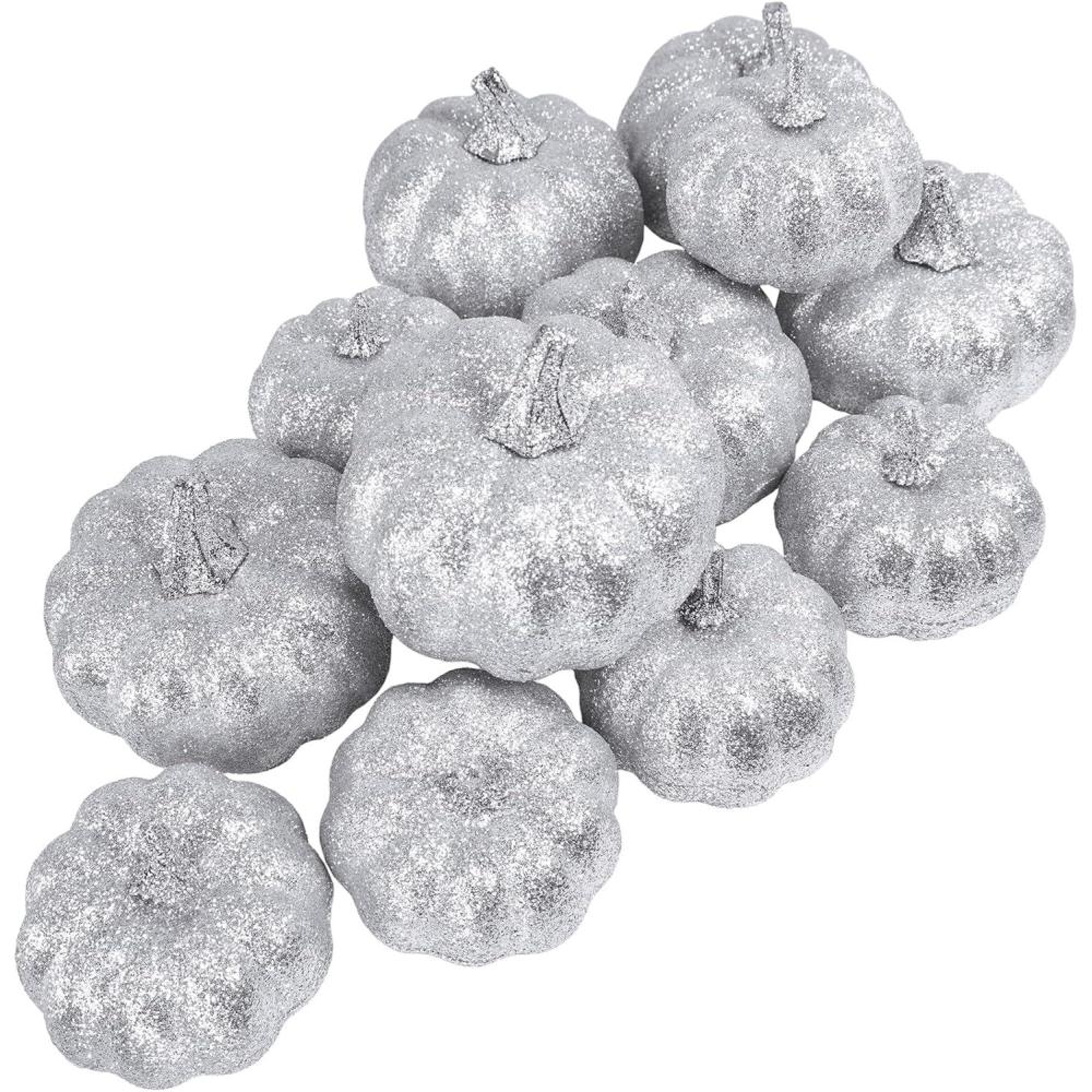 imageWinlyn 12 Pcs Silver Glitter Artificial Pumpkins Small Decorative Pumpkins Harvest Pumpkins Foam Pumpkins for Fall Autumn Thanksgiving Halloween Holiday Party Props Table Centerpiece Tiered Tray DcorSilver