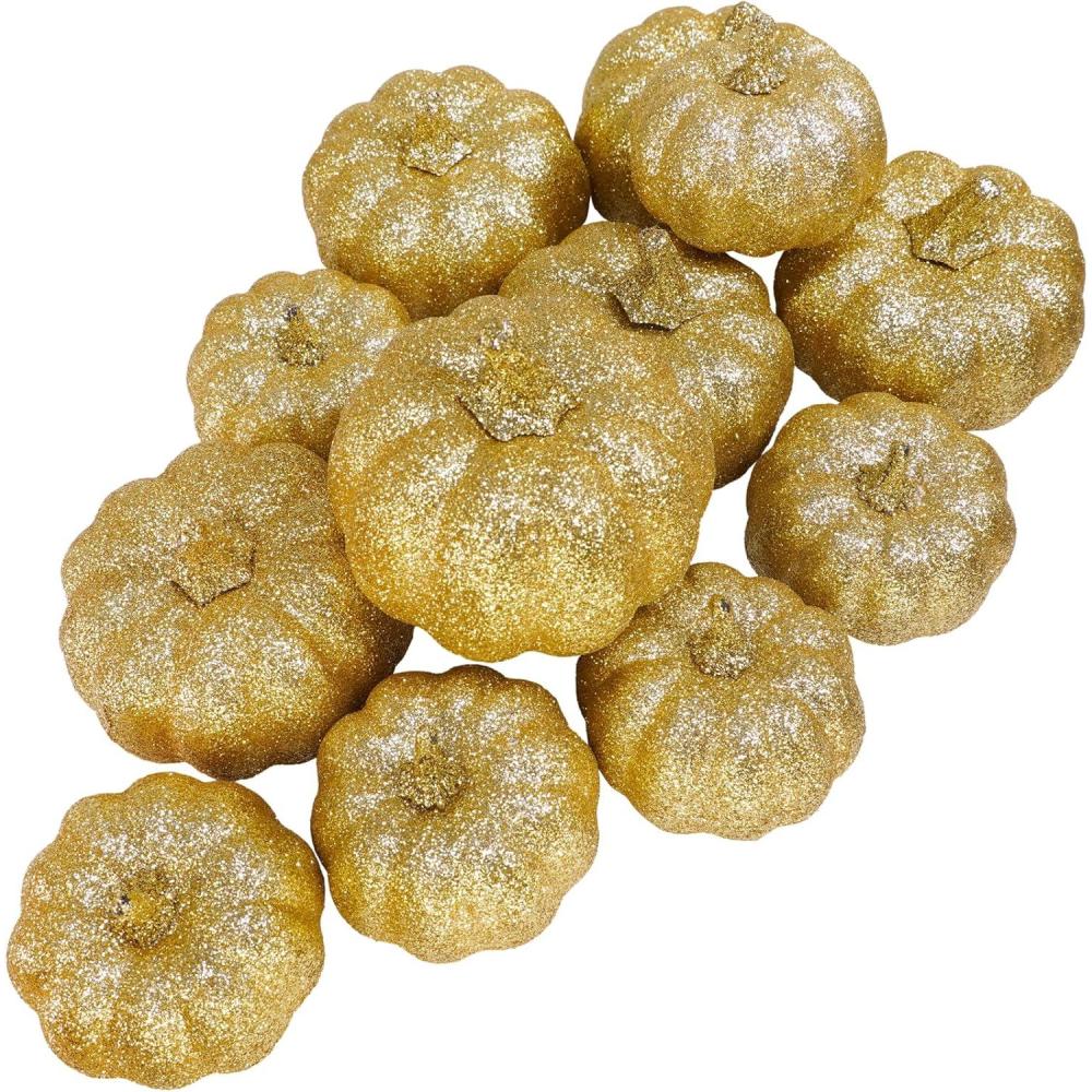 imageWinlyn 12 Pcs Silver Glitter Artificial Pumpkins Small Decorative Pumpkins Harvest Pumpkins Foam Pumpkins for Fall Autumn Thanksgiving Halloween Holiday Party Props Table Centerpiece Tiered Tray DcorGold