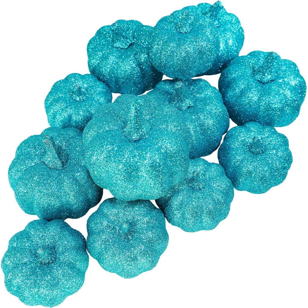 imageWinlyn 12 Pcs Silver Glitter Artificial Pumpkins Small Decorative Pumpkins Harvest Pumpkins Foam Pumpkins for Fall Autumn Thanksgiving Halloween Holiday Party Props Table Centerpiece Tiered Tray DcorTeal