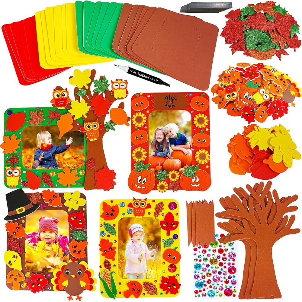 imageWinlyn 12 Sets Fall Craft Kits Fall Thanksgiving Picture Frame Decorations Art Sets Tree of Thanks Turkey Owl Smile Face Pumpkin Autumn Leaf Foam Stickers Arts and Crafts for Kids Party Activities