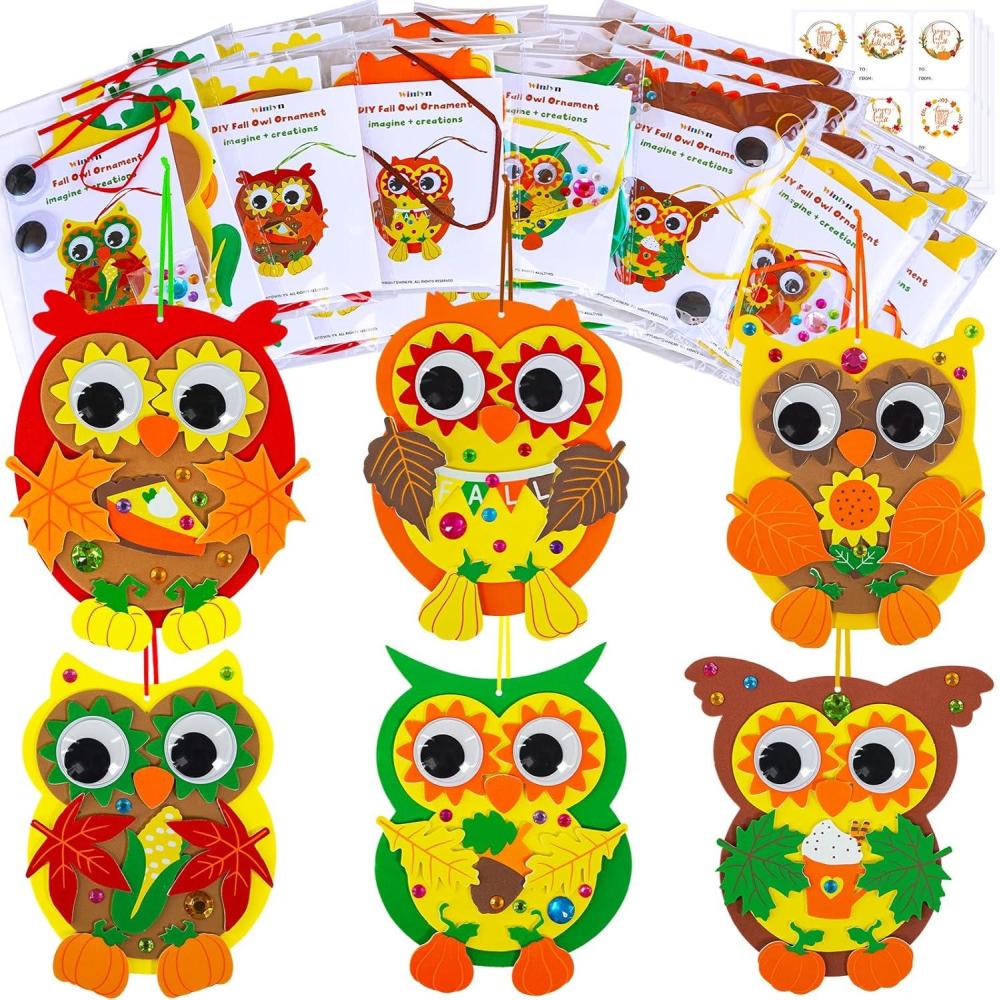 imageWinlyn 24 Sets Fall Craft Kits Autumn Crafts DIY Owl Ornaments Decorations Art Sets Foam Owl Pumpkin Leaf Stickers Arts and Crafts for Kids Thanksgiving Halloween Classroom Activities Party Favors
