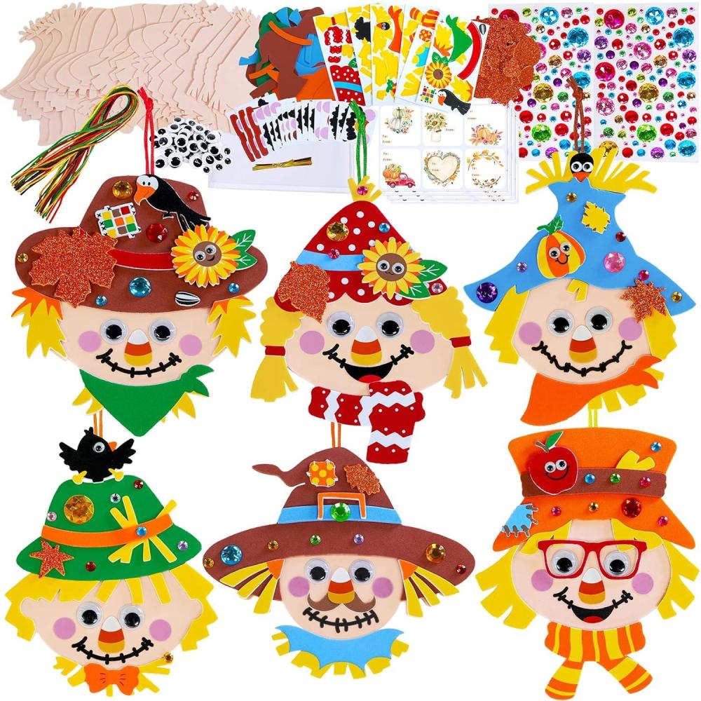 imageWinlyn 24 Sets Fall Craft Kits Autumn Scarecrow Crafts Fall Scarecrow Head Craft Kits Maple Leaves Pumpkins Harvest Foam Stickers Arts and Crafts for Kids Classroom Activities Holiday Party Favors