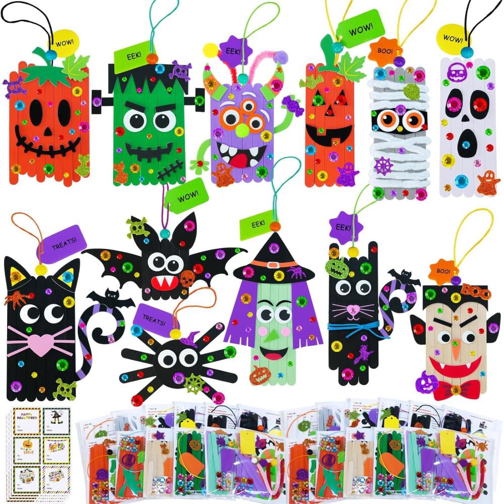imageWinlyn 24 Sets Halloween Crafts Kits Fall Crafts DIY Craft Stick Halloween Ornaments Decorations Art Set JackOLantern Ghost Foam Stickers Arts and Crafts for Kids Classroom Activities Party Favors