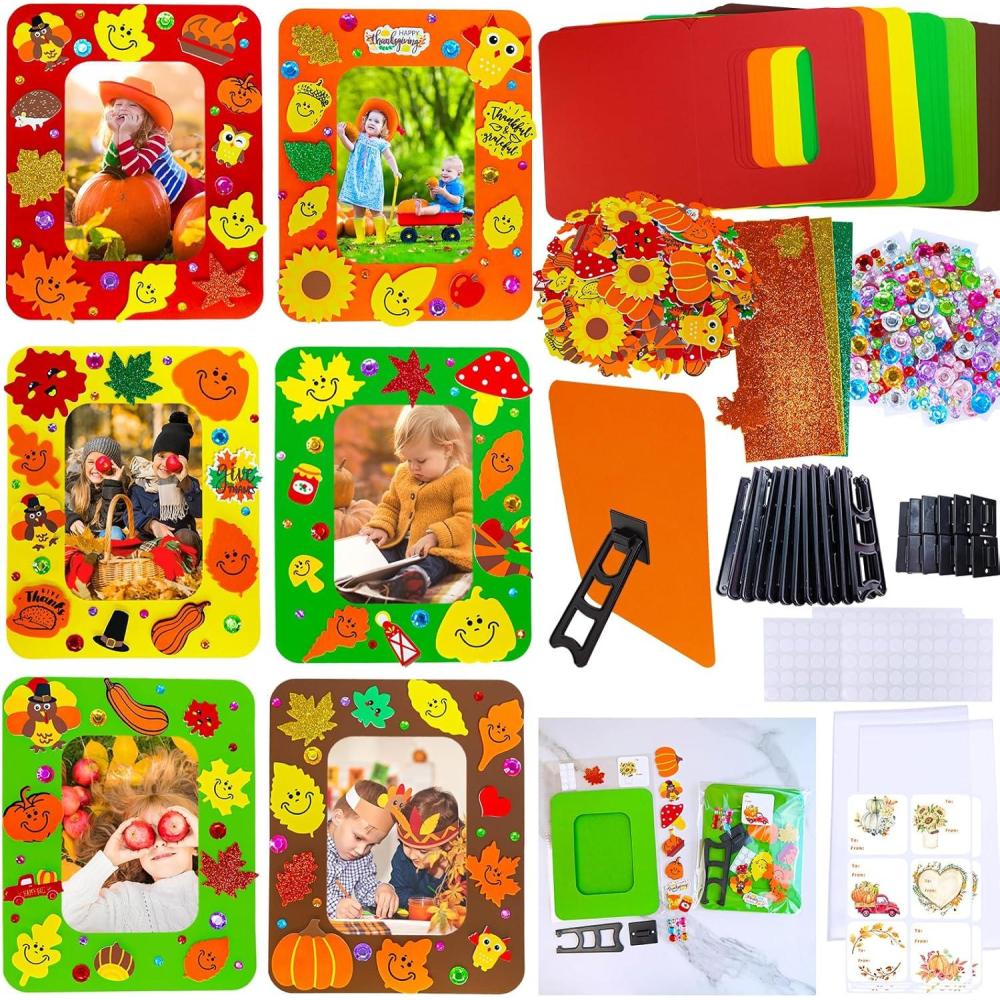 imageWinlyn 24 Sets Thanksgiving Craft Kits Fall Crafts DIY Autumn Harvest Picture Frame Decorations Festive Foam Stickers Fall Arts and Crafts for Kids Holiday Home Classroom Art Activities Party Favors