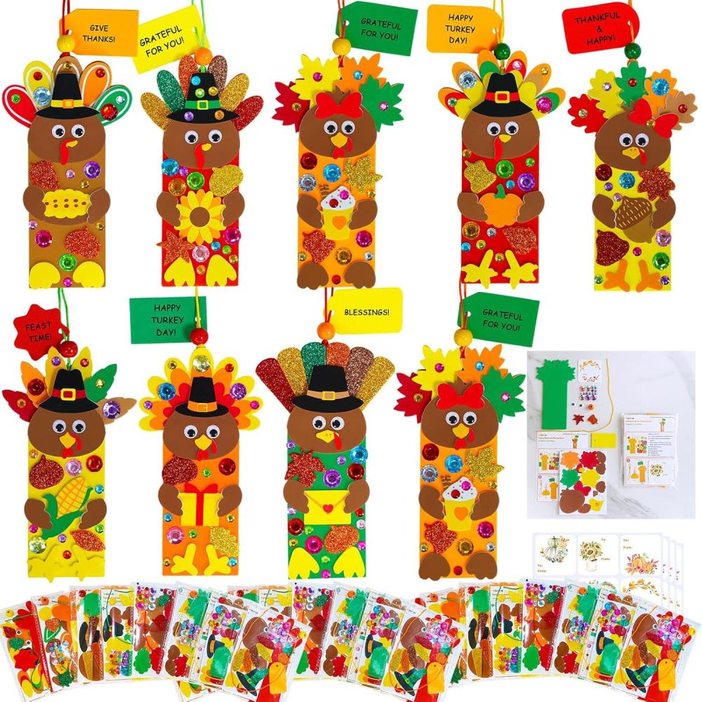 imageWinlyn 24 Sets Thanksgiving Turkey Craft Kits Fall Kids Crafts DIY Turkey Bookmarks Art Sets Autumn Leaf Turkey Foam Stickers Arts and Crafts for Kids Holiday Party Favors Home Classroom Activities
