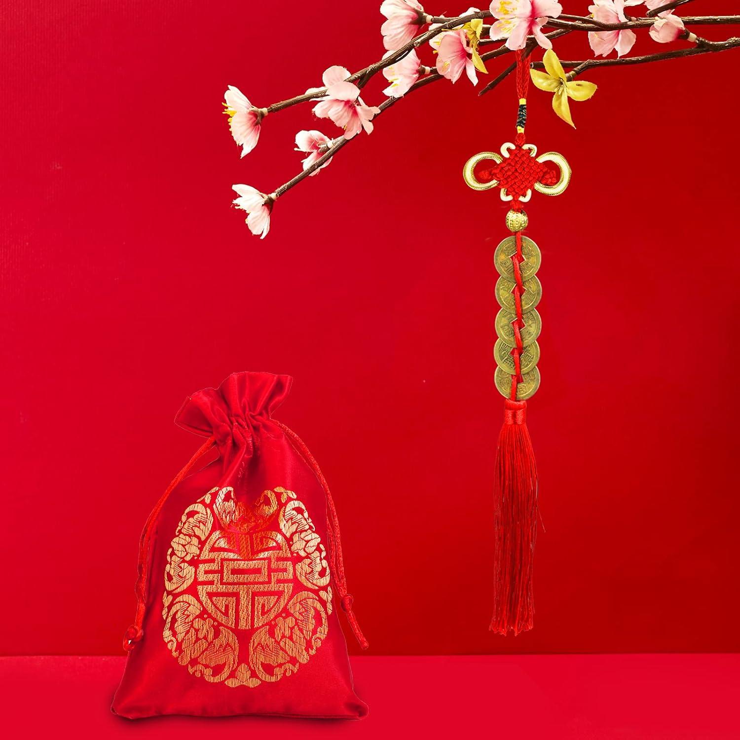 image16 Pcs Chinese Lucky Coins Decorations Feng Shui Coins Ornaments Hanging Good Fortune Coins Ornaments Red Chinese Knot Luck Charm and fu Bags for Wealth Health Success Asian Chinese Lunar New Year