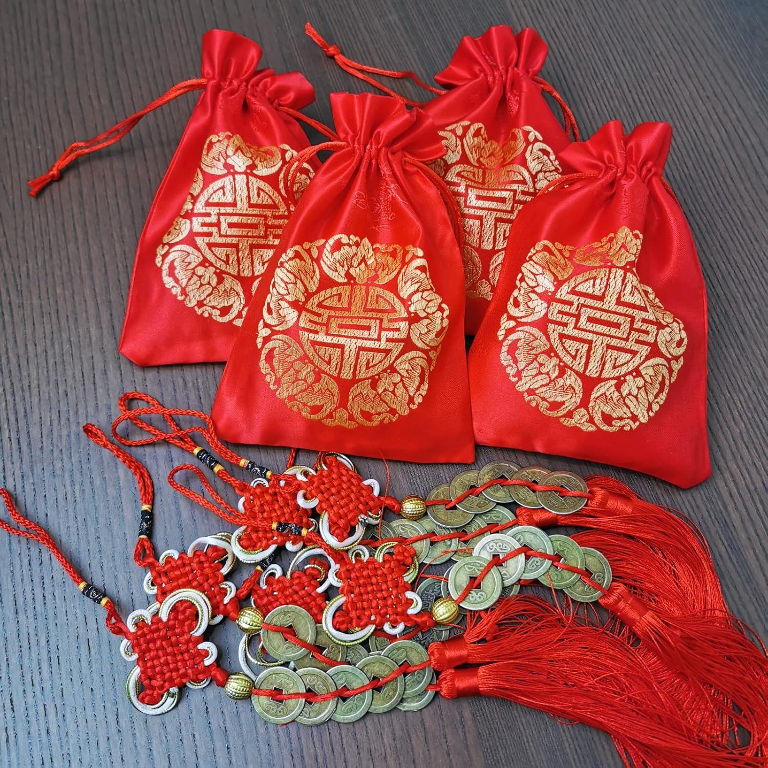 image16 Pcs Chinese Lucky Coins Decorations Feng Shui Coins Ornaments Hanging Good Fortune Coins Ornaments Red Chinese Knot Luck Charm and fu Bags for Wealth Health Success Asian Chinese Lunar New Year