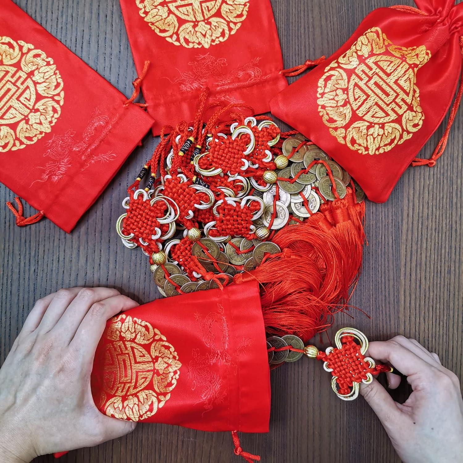 image16 Pcs Chinese Lucky Coins Decorations Feng Shui Coins Ornaments Hanging Good Fortune Coins Ornaments Red Chinese Knot Luck Charm and fu Bags for Wealth Health Success Asian Chinese Lunar New Year