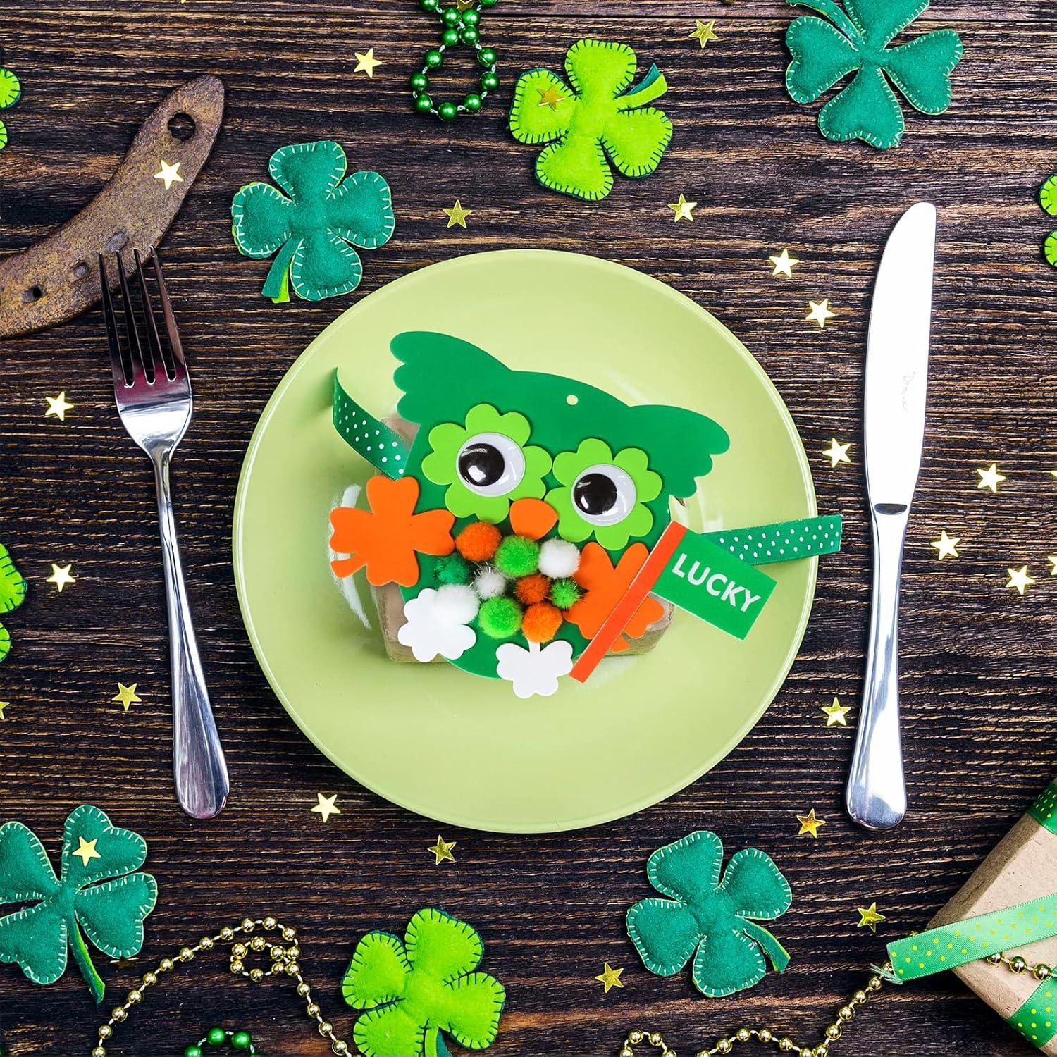 image24 Sets Owl Shamrock Ornaments St Patricks Day Decorations Craft Kits Assorted Owl FourLeaf Clover Lucky Shamrock Foam Stickers Pompoms Google Eye for Kids Classroom Home Activity Gift Art Project