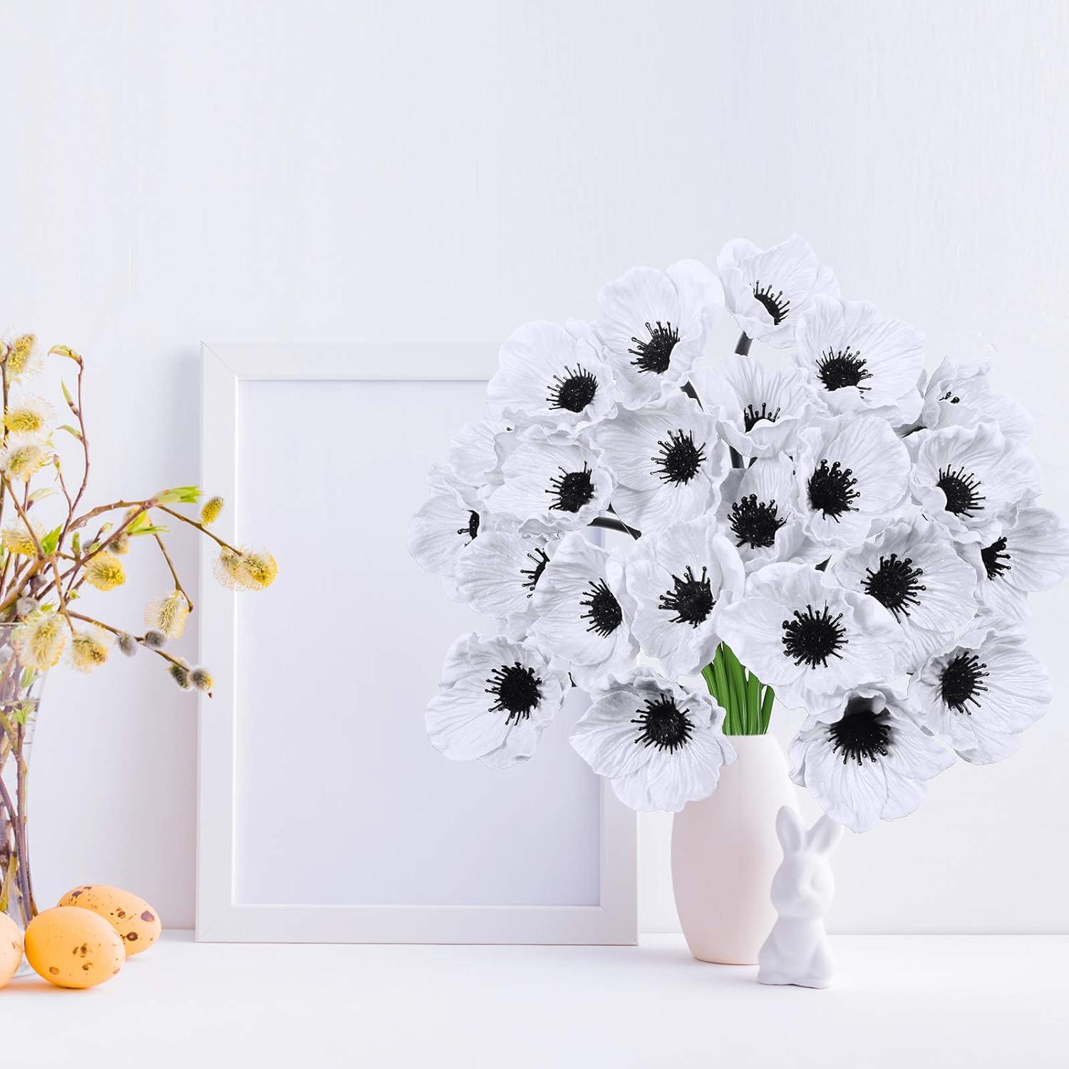 image24 pcs Artificial White Poppy Flower Stems Real Touch Flower Fake Flowers in White with Black Center for Wedding Bouquets Corsages Centerpiece Floral Arrangements