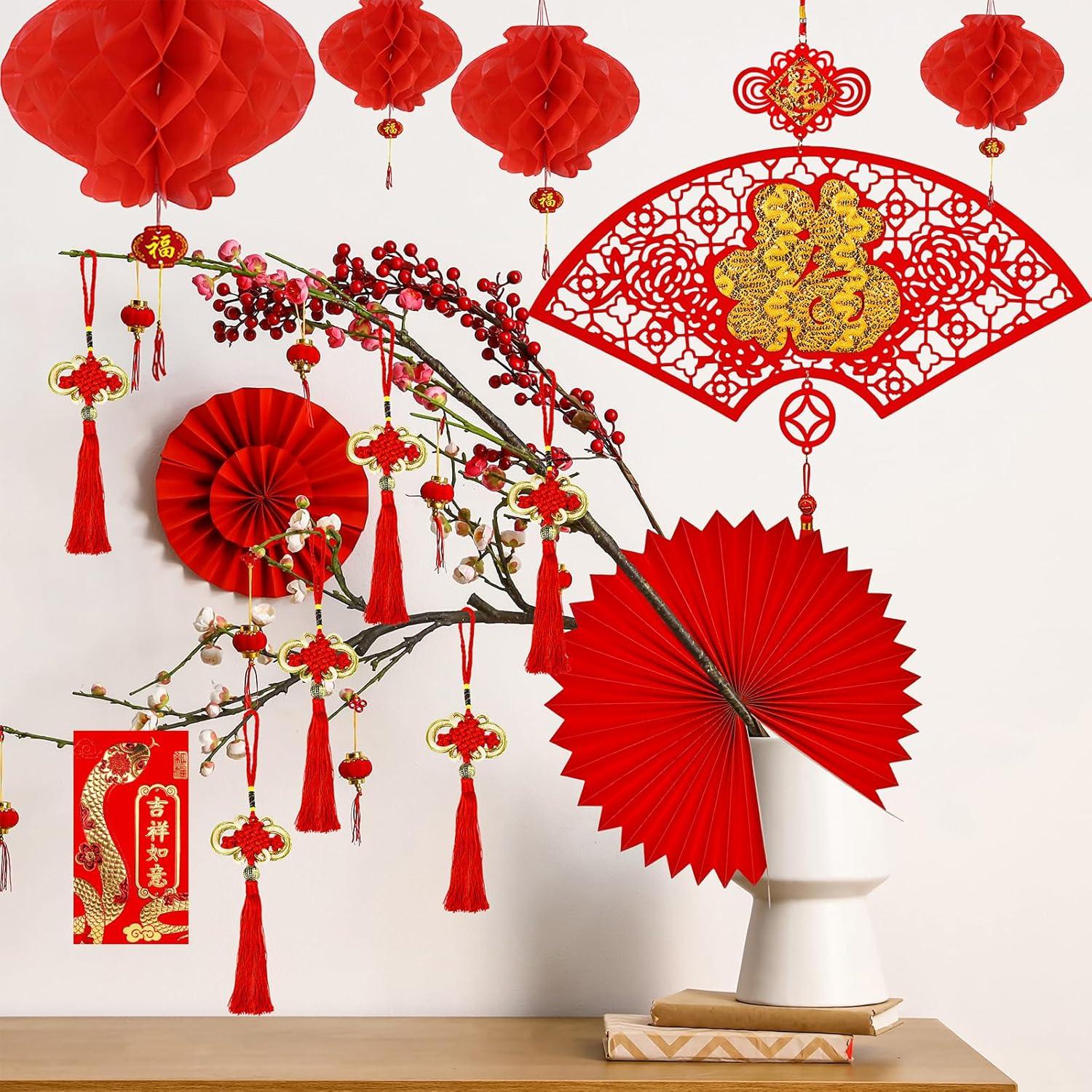 imageSupla 82 Pcs Chinese New Year Decorations Chinese Hanging Good Luck Ornaments Red Lanterns Festive Tree Ornaments Paper Fans for Asian Chinese Lunar New Year 2025 Year of The Snake Party Decor