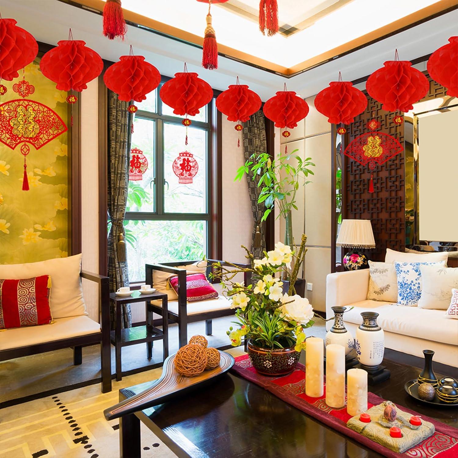 imageSupla 82 Pcs Chinese New Year Decorations Chinese Hanging Good Luck Ornaments Red Lanterns Festive Tree Ornaments Paper Fans for Asian Chinese Lunar New Year 2025 Year of The Snake Party Decor