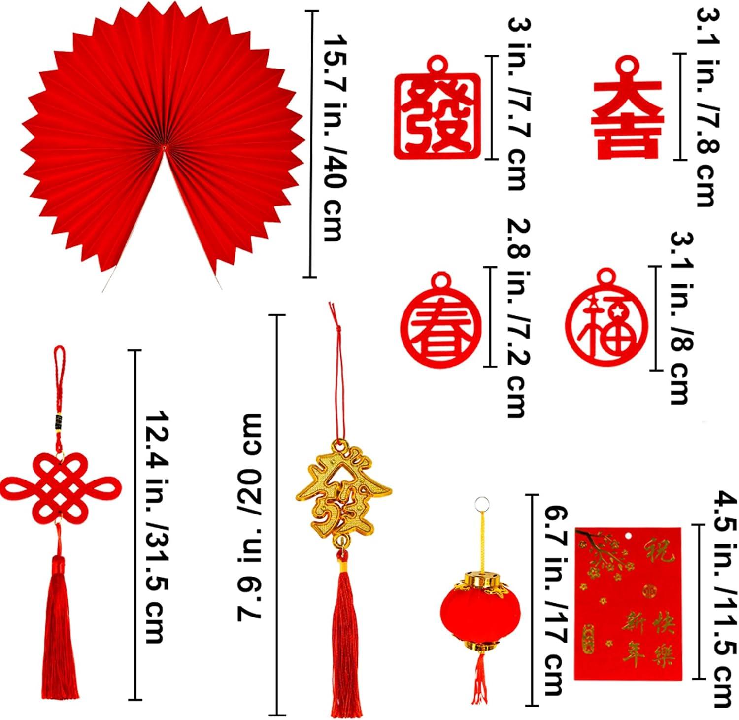 imageWinlyn 106 Pcs Chinese New Year Decorations Hanging Good Luck Ornaments Red Lanterns Festive Tree Ornaments Paper Fans for Asian Lunar New Year 2025 Year of The Snake Party Decor