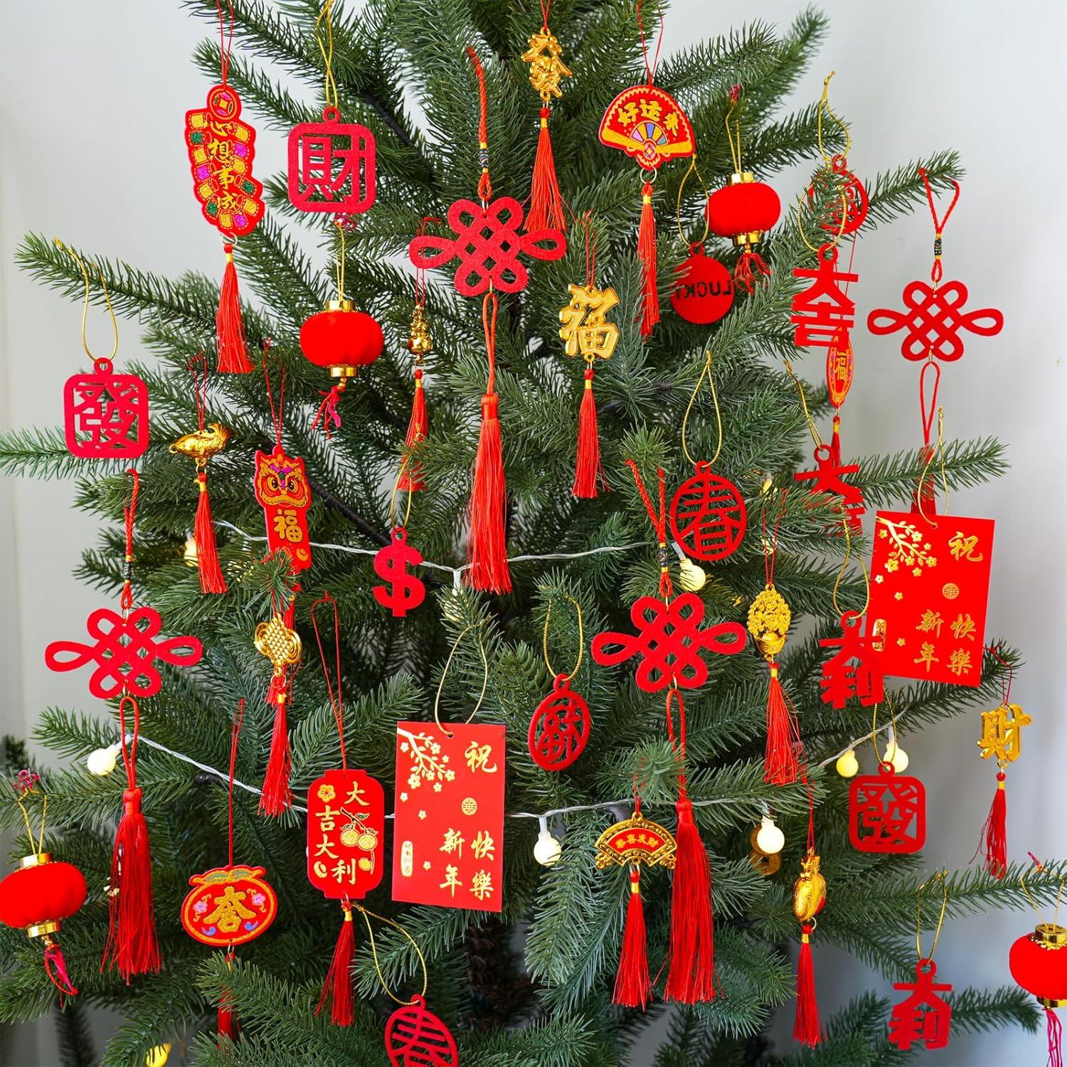 imageWinlyn 106 Pcs Chinese New Year Decorations Hanging Good Luck Ornaments Red Lanterns Festive Tree Ornaments Paper Fans for Asian Lunar New Year 2025 Year of The Snake Party Decor