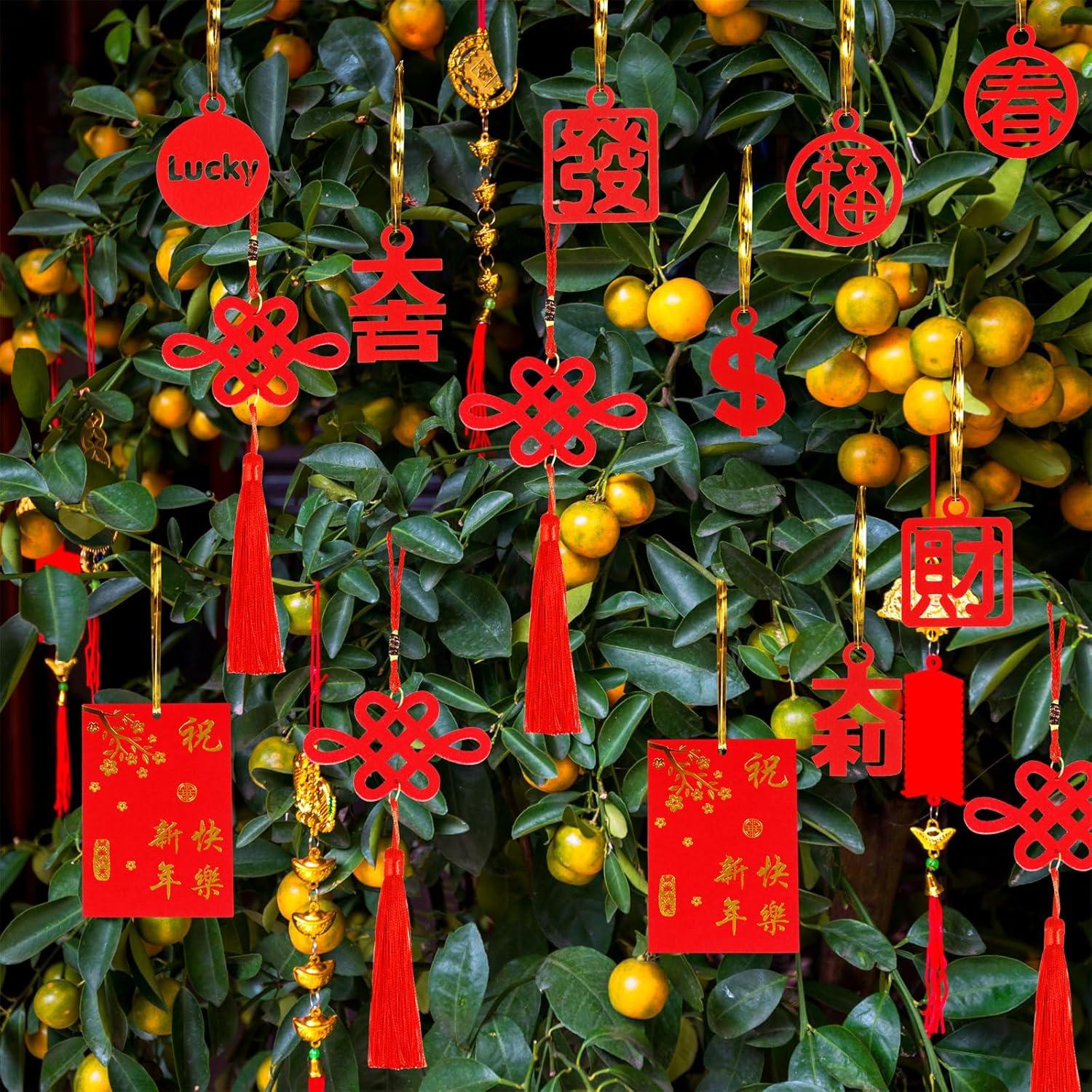 imageWinlyn 106 Pcs Chinese New Year Decorations Hanging Good Luck Ornaments Red Lanterns Festive Tree Ornaments Paper Fans for Asian Lunar New Year 2025 Year of The Snake Party Decor