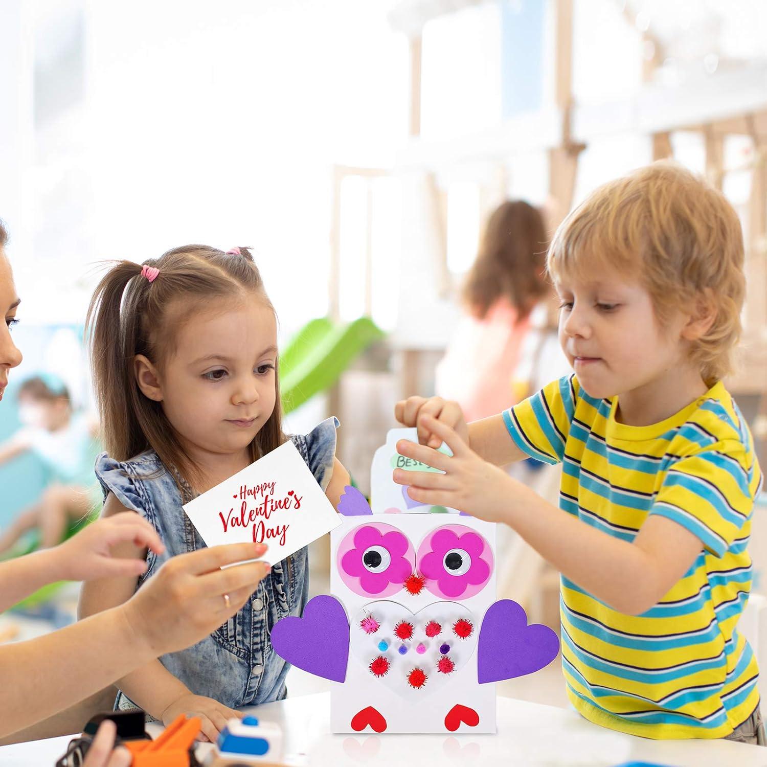 imageWinlyn 12 Sets Bulk Valentines Day Boxes DIY Valentine Owl Mailboxes Cards Holder Boxes Craft Kits White Mailbox with Assorted Heart Cutouts Foam Stickers Pompoms for Kids Classroom Exchange