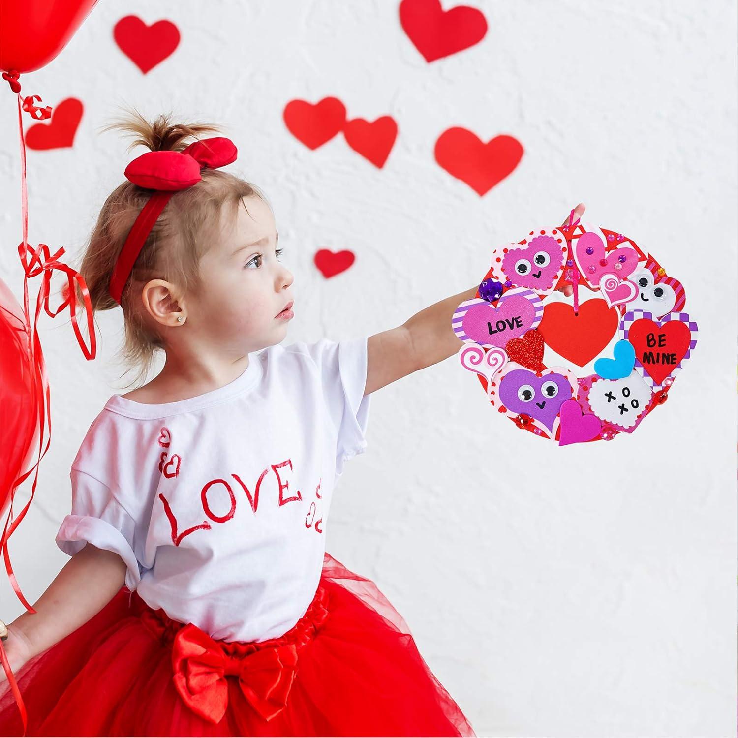 imageWinlyn 12 Sets Heart Wreath Ornaments Decorations Valentine Crafts Kits for Kids Classroom DIY Valentines Day Heart Wreath Assorted Heart Cutouts Foam Stickers Googly Eyes Valentine Gift Exchange