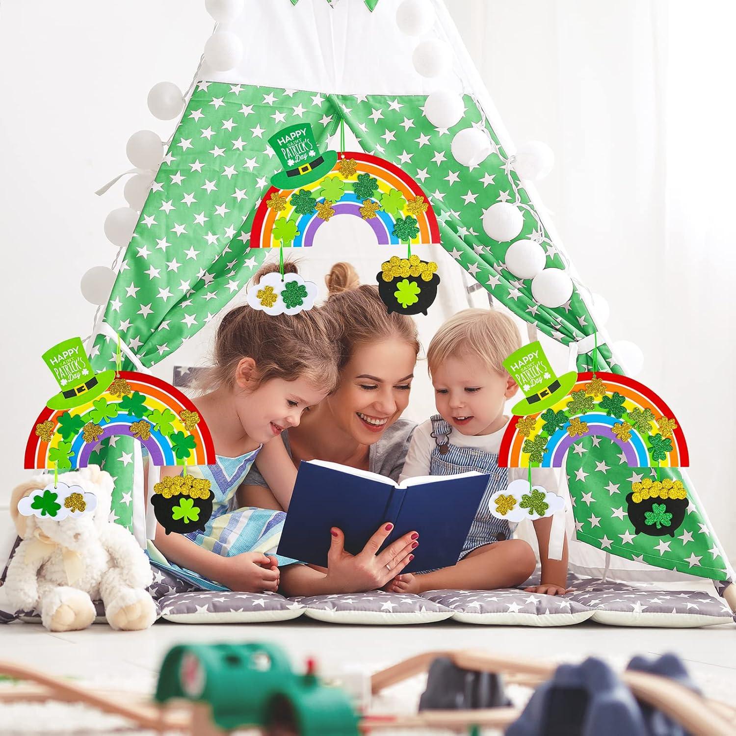 imageWinlyn 12 Sets St Patricks Day Decorations Rainbow Ornaments DIY St Pats Craft Kits Rainbow FourLeaf Clover Irish Lucky Shamrock Foam Stickers for Kids Party Classroom Home Activity Art Project