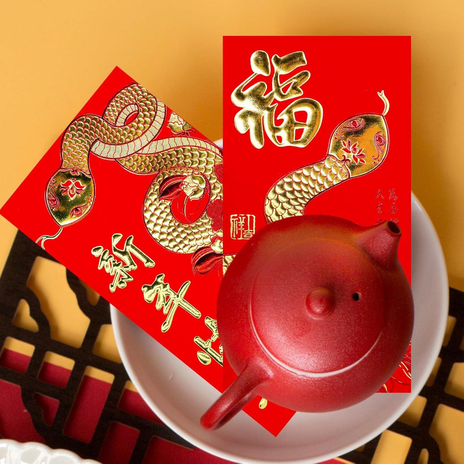 imageWinlyn 120 Pcs 12 Designs Chinese New Year Red Envelopes Bulk Lucky Money Pockets Hong Bao Lai See Red Packets Lucky Cash Envelopes for Asian Vietnamese Chinese Lunar New Year 2025 Year of the Snake