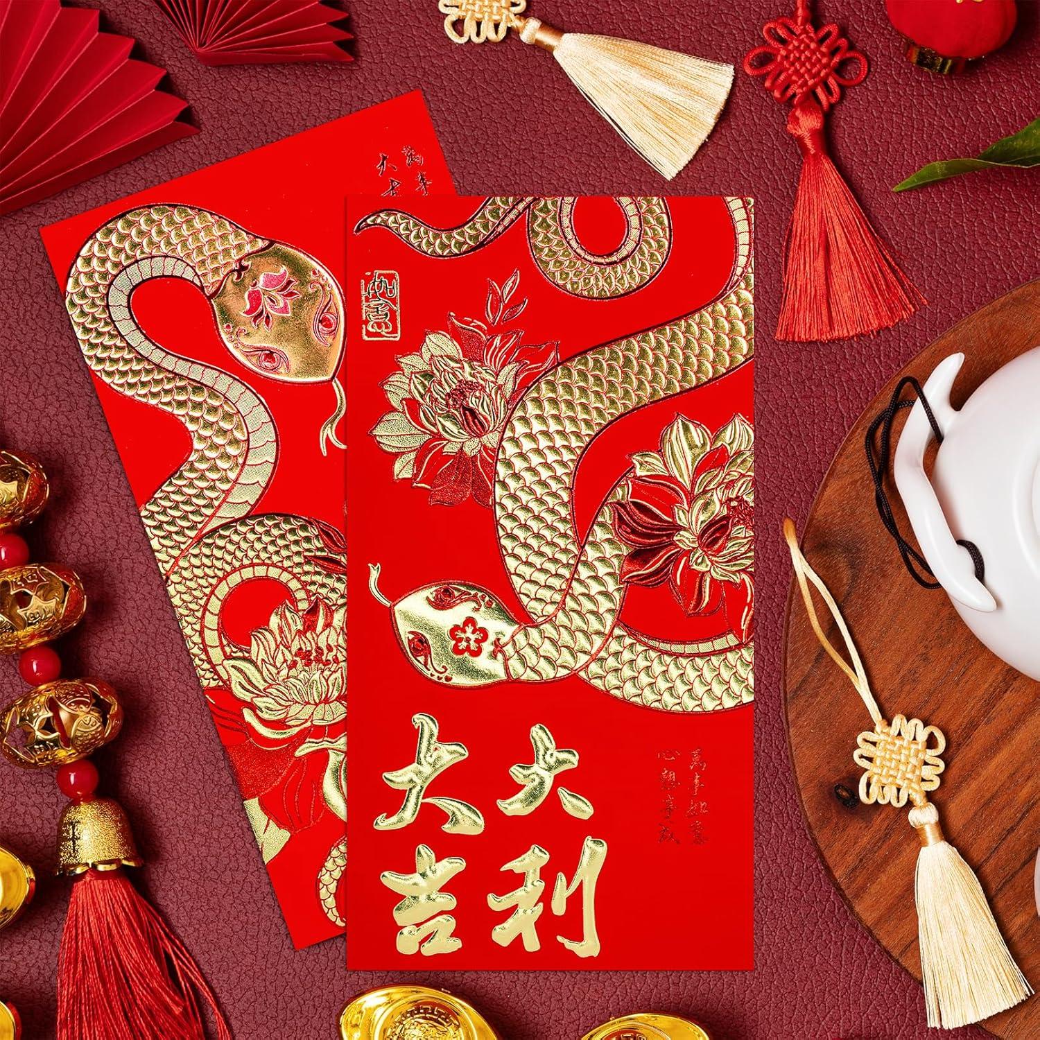 imageWinlyn 120 Pcs 12 Designs Chinese New Year Red Envelopes Bulk Lucky Money Pockets Hong Bao Lai See Red Packets Lucky Cash Envelopes for Asian Vietnamese Chinese Lunar New Year 2025 Year of the Snake