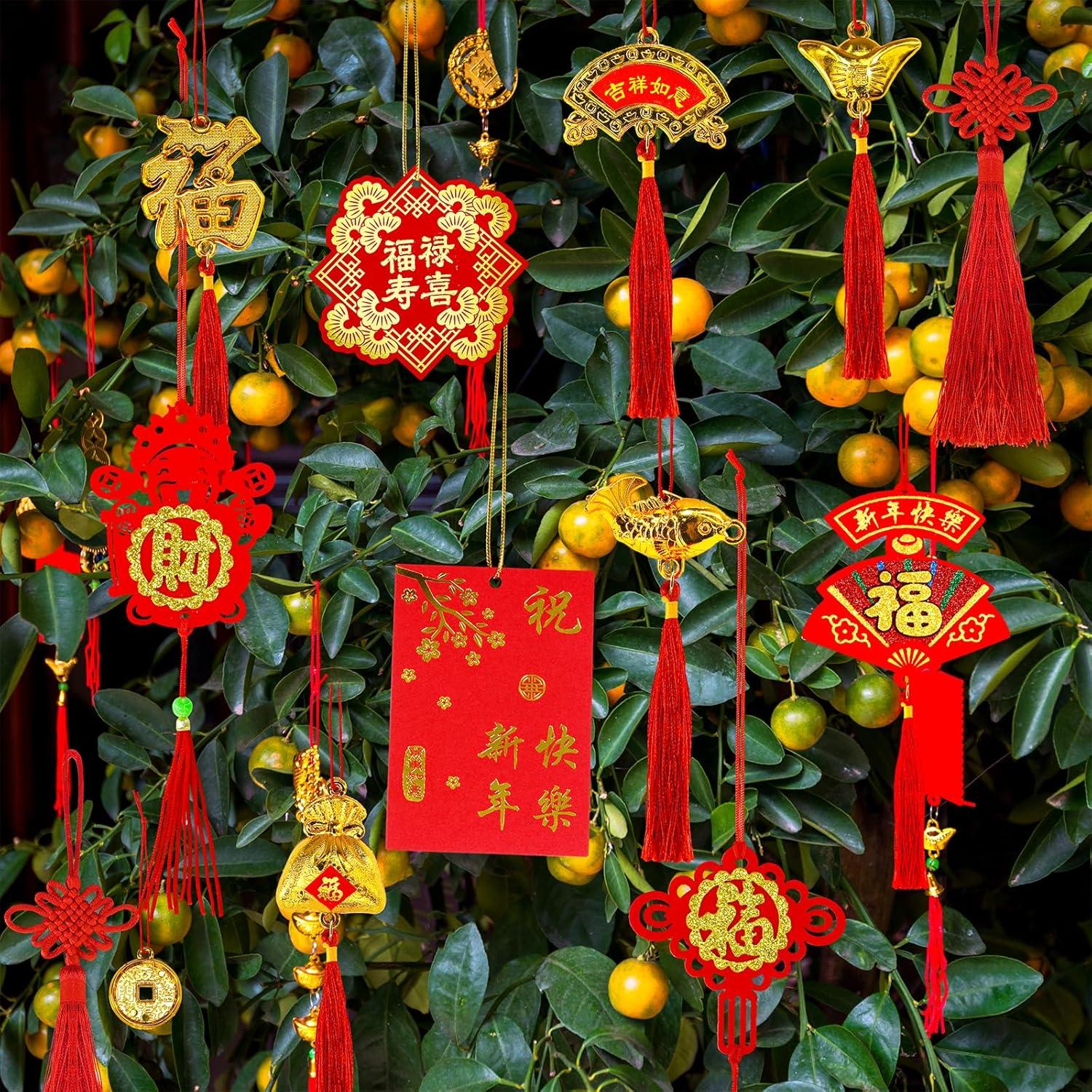 imageWinlyn 128 Pcs Chinese Lunar New Year Hanging Ornaments Red Lanterns Lucky Knot Tassels for Asian Vietnamese TET 2025 Snake Year Party Decorations Festival Tree Good Luck Fortune