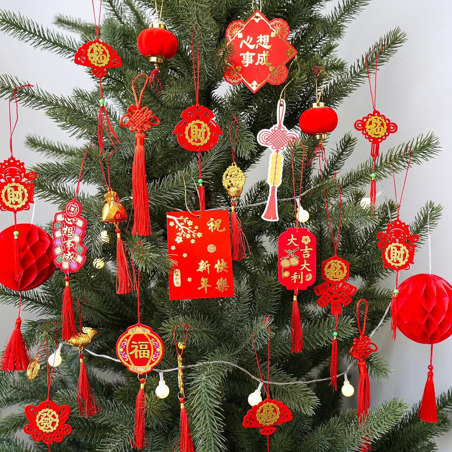 imageWinlyn 128 Pcs Chinese Lunar New Year Hanging Ornaments Red Lanterns Lucky Knot Tassels for Asian Vietnamese TET 2025 Snake Year Party Decorations Festival Tree Good Luck Fortune