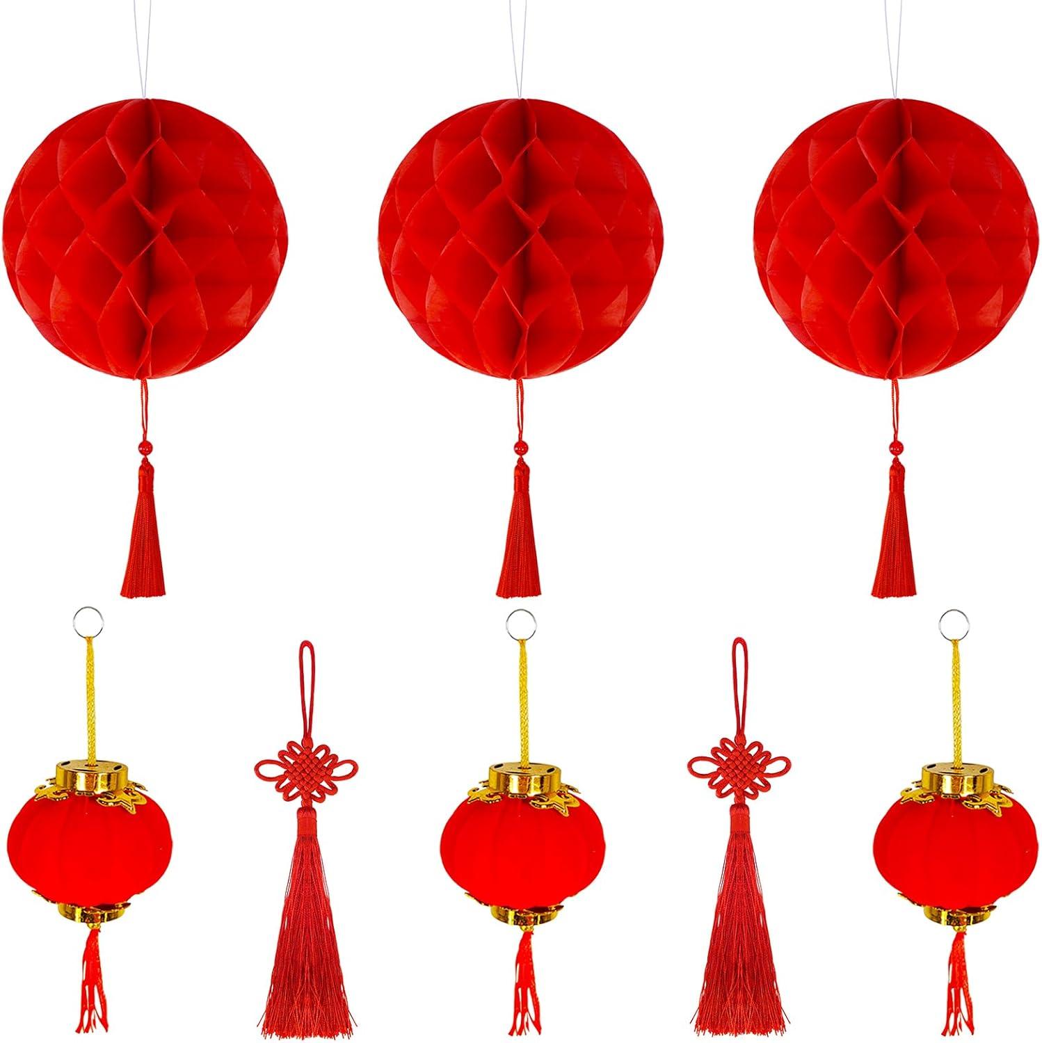 imageWinlyn 128 Pcs Chinese Lunar New Year Hanging Ornaments Red Lanterns Lucky Knot Tassels for Asian Vietnamese TET 2025 Snake Year Party Decorations Festival Tree Good Luck Fortune