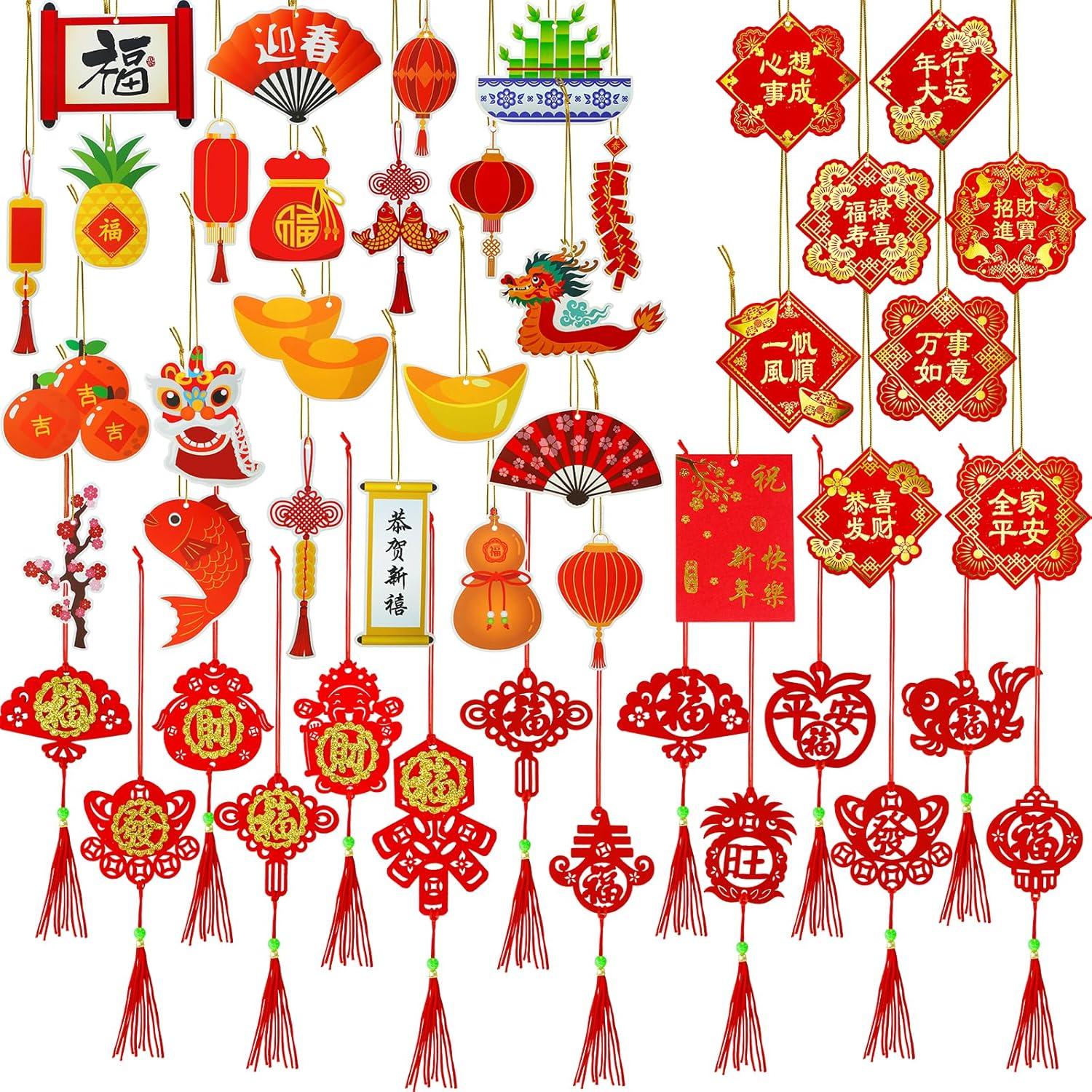 imageWinlyn 153 Pcs Chinese Lunar New Year Decorations Hanging Good Luck Fortune Ornaments Red Lanterns Lucky Knot Tassels Festival Tree Ornaments for Asian Vietnamese TET 2025 Snake New Year Party Decor