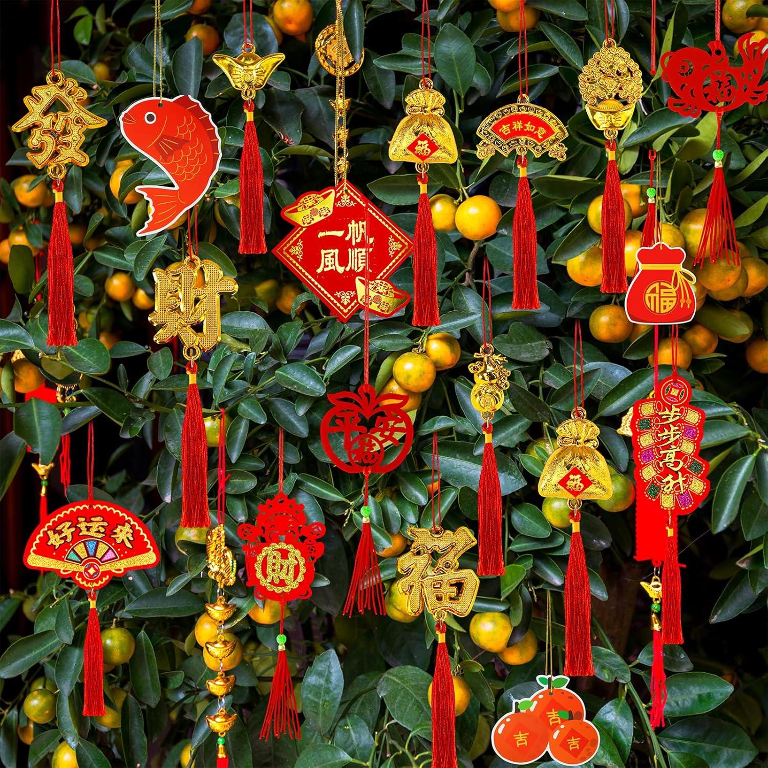 imageWinlyn 153 Pcs Chinese Lunar New Year Decorations Hanging Good Luck Fortune Ornaments Red Lanterns Lucky Knot Tassels Festival Tree Ornaments for Asian Vietnamese TET 2025 Snake New Year Party Decor