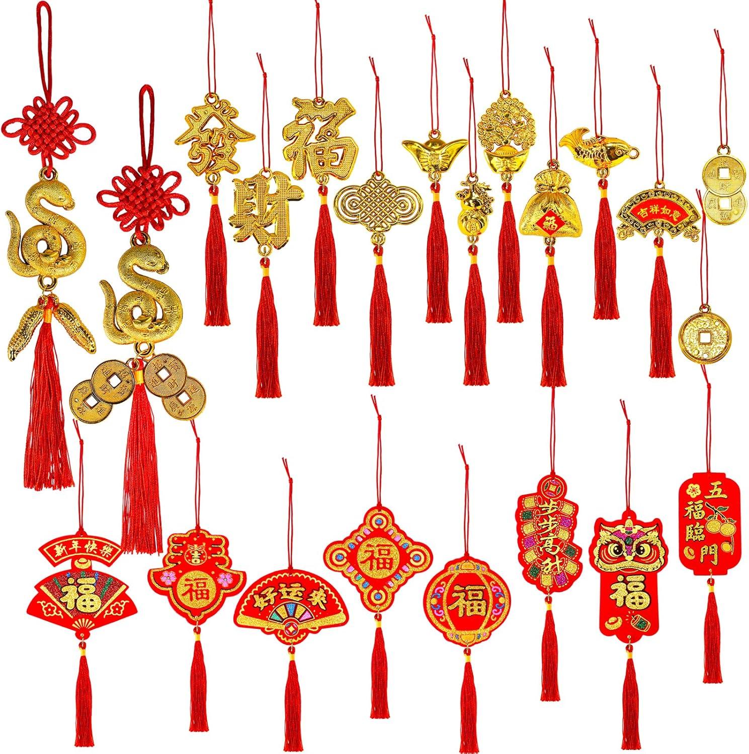 imageWinlyn 153 Pcs Chinese Lunar New Year Decorations Hanging Good Luck Fortune Ornaments Red Lanterns Lucky Knot Tassels Festival Tree Ornaments for Asian Vietnamese TET 2025 Snake New Year Party Decor