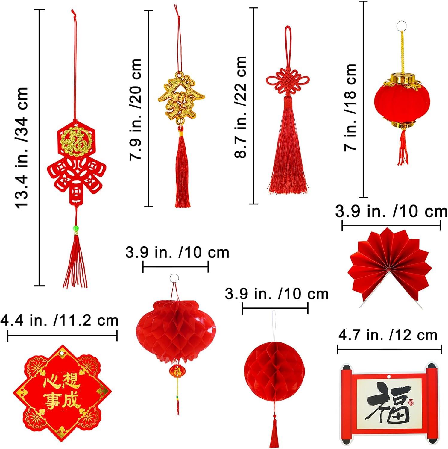 imageWinlyn 153 Pcs Chinese Lunar New Year Decorations Hanging Good Luck Fortune Ornaments Red Lanterns Lucky Knot Tassels Festival Tree Ornaments for Asian Vietnamese TET 2025 Snake New Year Party Decor