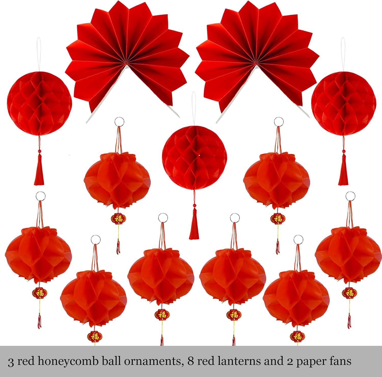 imageWinlyn 161 Pcs Chinese New Year Decorations Hanging Good Luck Ornaments Red Lanterns Festive Tree Ornaments Paper Fans for Asian Lunar New Year 2025 Year of The Snake Party Decor