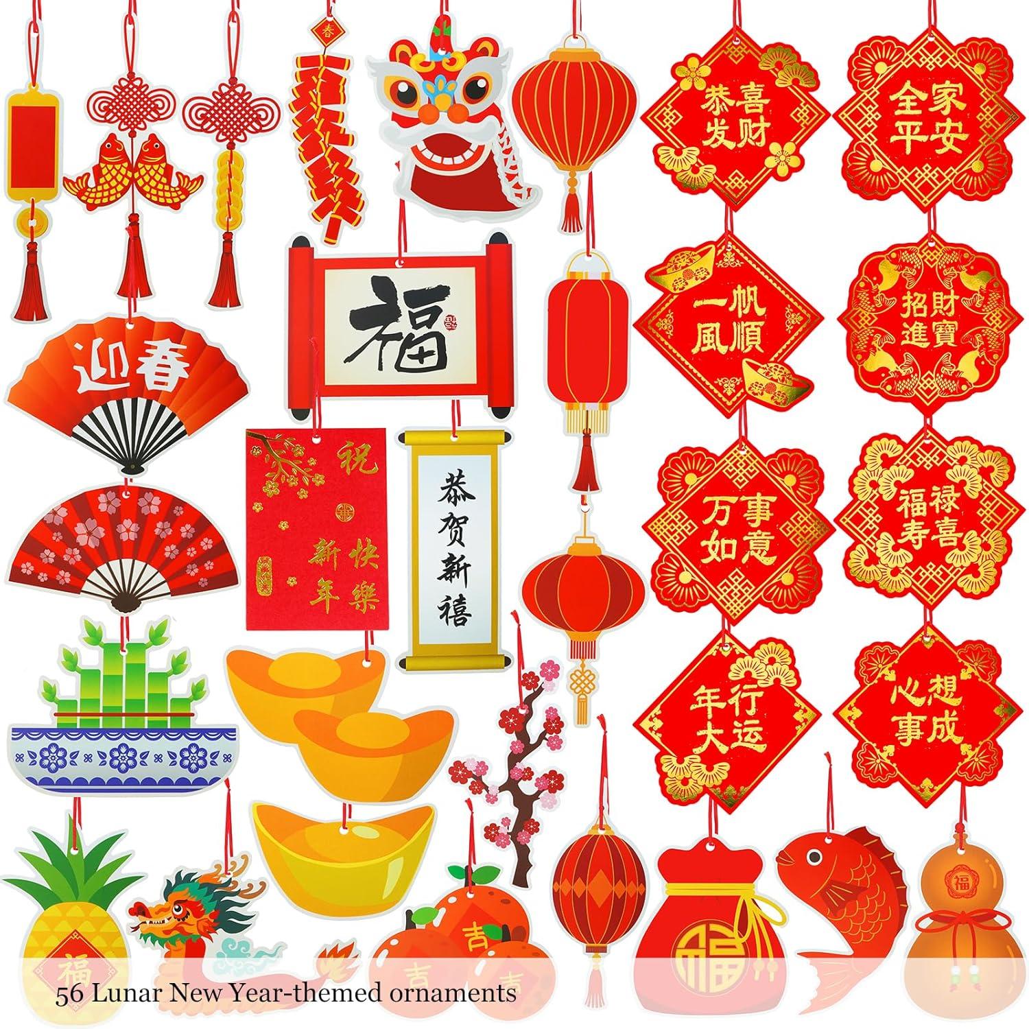 imageWinlyn 161 Pcs Chinese New Year Decorations Hanging Good Luck Ornaments Red Lanterns Festive Tree Ornaments Paper Fans for Asian Lunar New Year 2025 Year of The Snake Party Decor