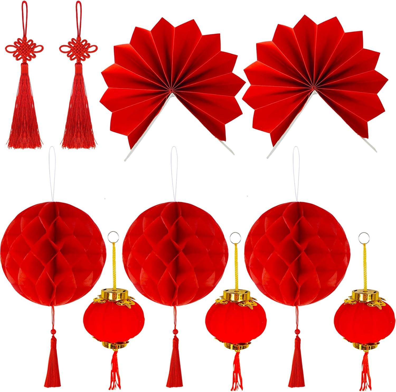imageWinlyn 166 Pcs Chinese Lunar New Year Ornaments Hanging Good Luck Ornaments Red Lanterns Lucky Knots Tassels Festival Tree Ornaments Paper Fans for Asian New Year 2025 Snake Vietnamese Tet Party Decor