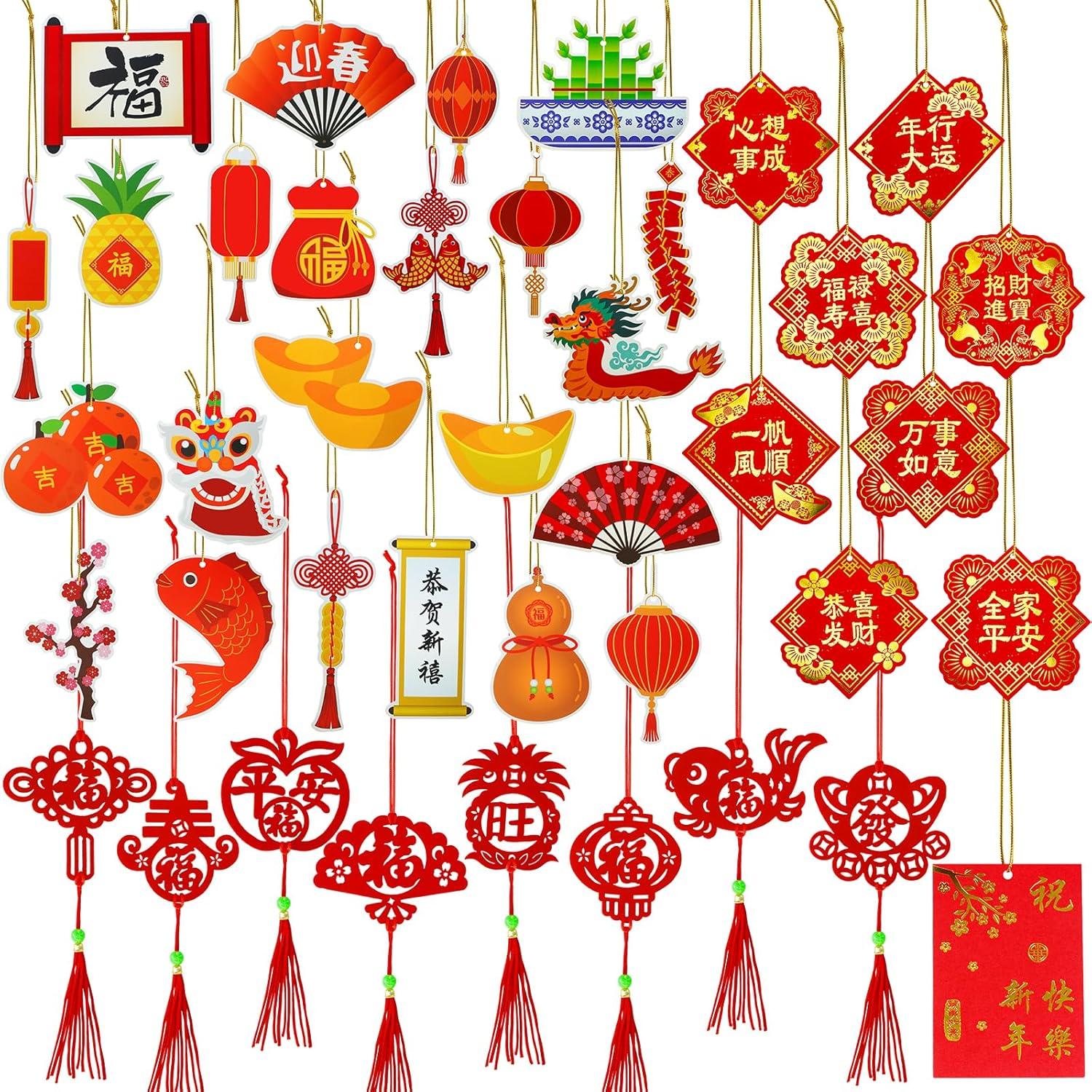 imageWinlyn 166 Pcs Chinese Lunar New Year Ornaments Hanging Good Luck Ornaments Red Lanterns Lucky Knots Tassels Festival Tree Ornaments Paper Fans for Asian New Year 2025 Snake Vietnamese Tet Party Decor
