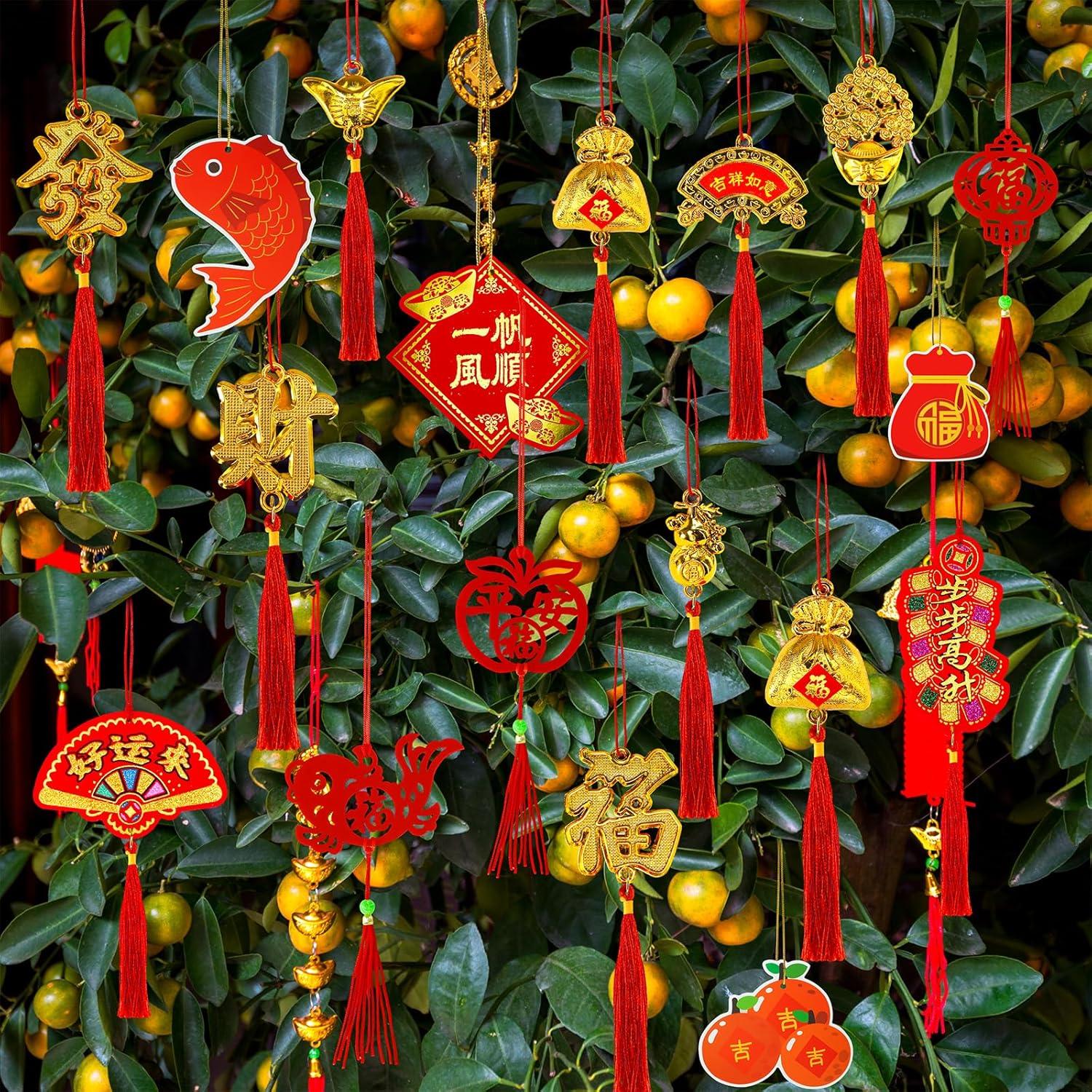 imageWinlyn 166 Pcs Chinese Lunar New Year Ornaments Hanging Good Luck Ornaments Red Lanterns Lucky Knots Tassels Festival Tree Ornaments Paper Fans for Asian New Year 2025 Snake Vietnamese Tet Party Decor