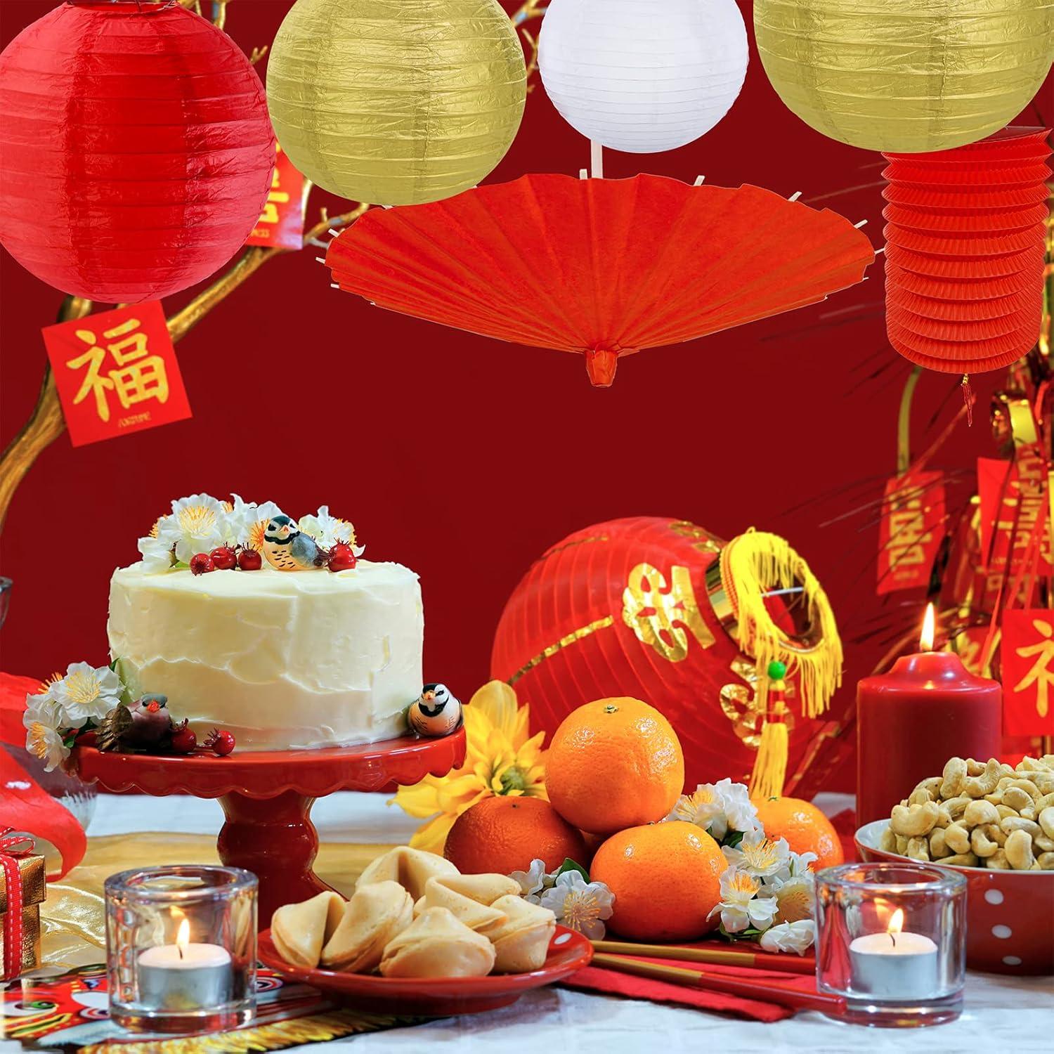 imageWinlyn 20 Pcs Asian Chinese New Year Party Decorations Red Gold White Round Paper Lanterns Hanging Party Lanterns Red Accordion Lanterns for Oriental Lunar New Year Festival Wedding Ceiling Decor