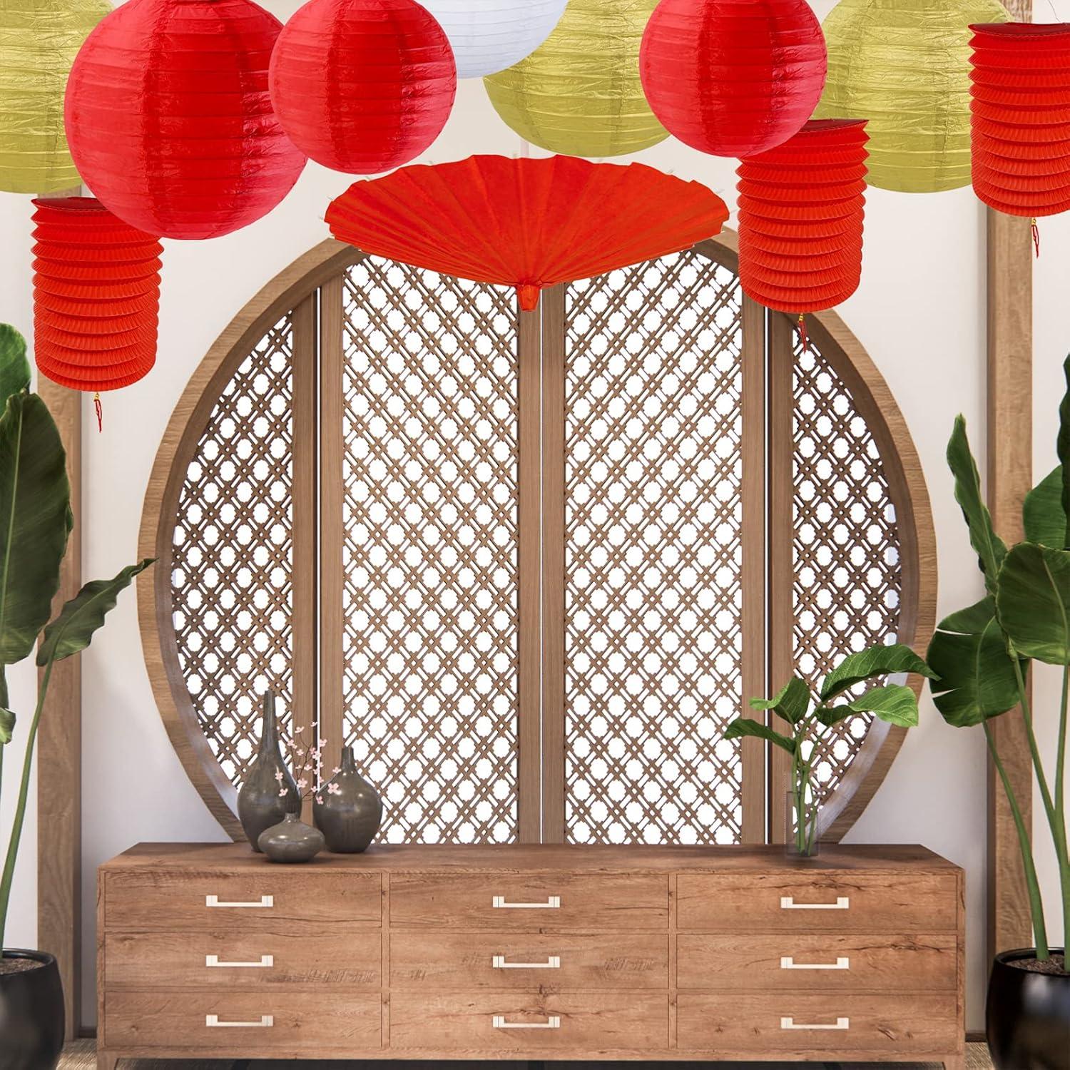 imageWinlyn 20 Pcs Asian Chinese New Year Party Decorations Red Gold White Round Paper Lanterns Hanging Party Lanterns Red Accordion Lanterns for Oriental Lunar New Year Festival Wedding Ceiling Decor