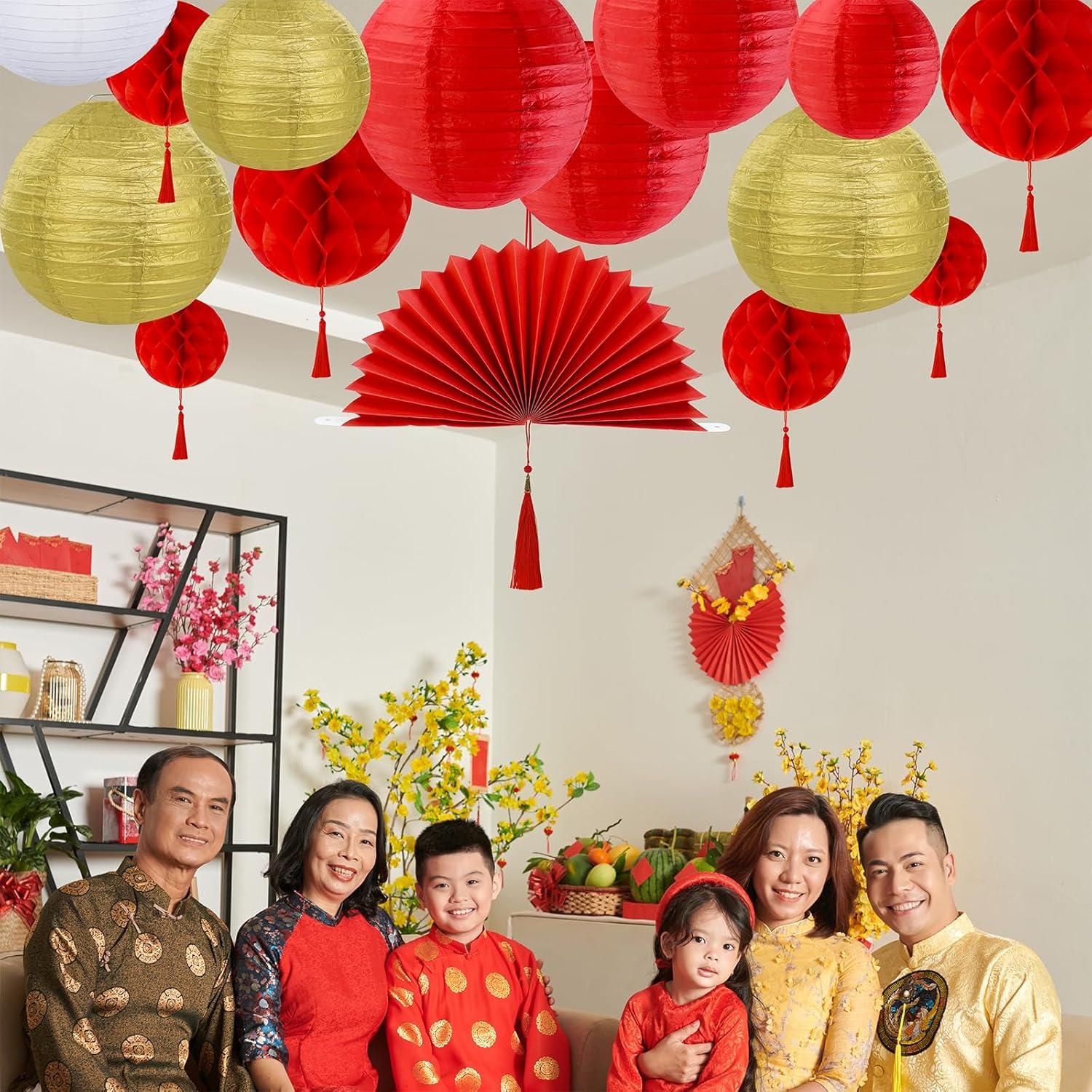 imageWinlyn 22 Pcs Chinese New Year Decorative Red Gold White Round Paper Lanterns Honeycomb Balls Paper Fans Oriental Hanging Party Decorations for Asian Chinese Japanese Lunar New Year Festival Wedding