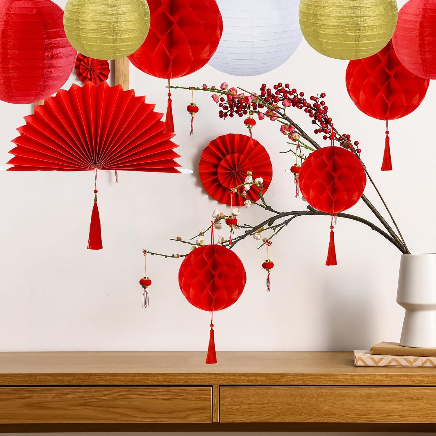 imageWinlyn 22 Pcs Chinese New Year Decorative Red Gold White Round Paper Lanterns Honeycomb Balls Paper Fans Oriental Hanging Party Decorations for Asian Chinese Japanese Lunar New Year Festival Wedding