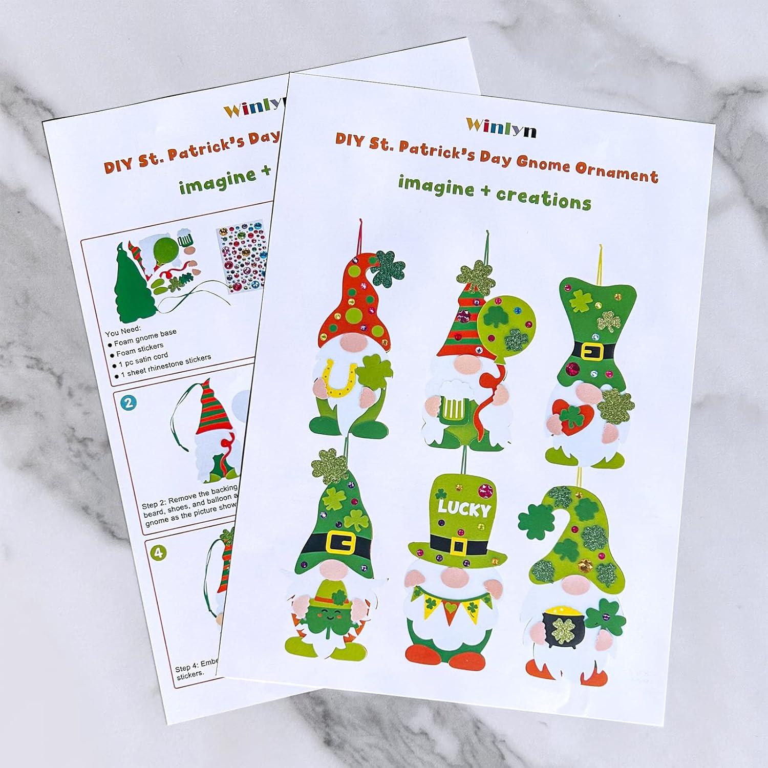 imageWinlyn 24 Sets St Patricks Day Decorations Gnome Shamrock Ornaments DIY St Pats Craft Kits Assorted Lucky FourLeaf Clover Irish Shamrock Foam Stickers for Kids Classroom Home Activity Art Project