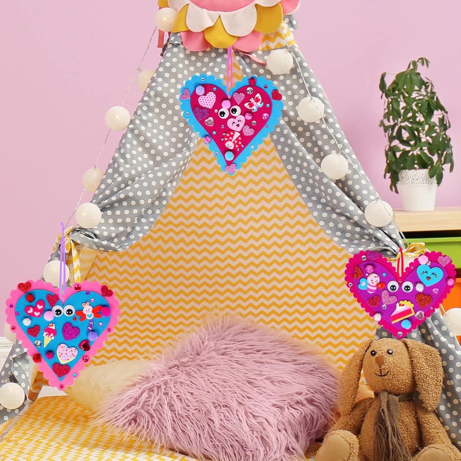 imageWinlyn 24 Sets Valentines Day Heart Ornaments Decorations DIY Felt Heart Valentine Craft Kits Assorted Felt Heart Stickers Googly Eyes for Kids Valentine Gift Exchange Classroom Activity Art Project